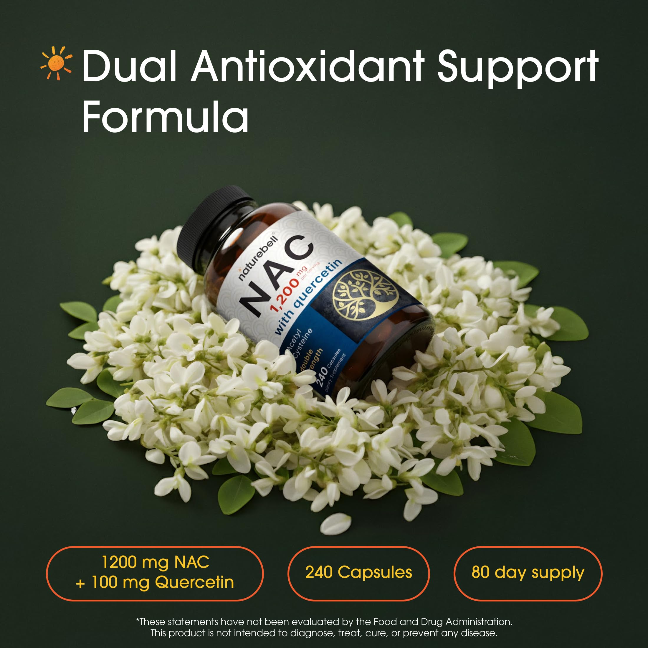 NatureBell NAC quercetin bottle back showing ingredients and directions.