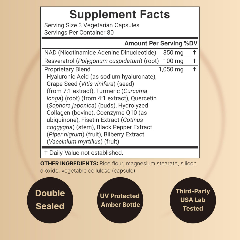 NatureBell NAD+ Complex label close-up shows the 11-in-1 blend.