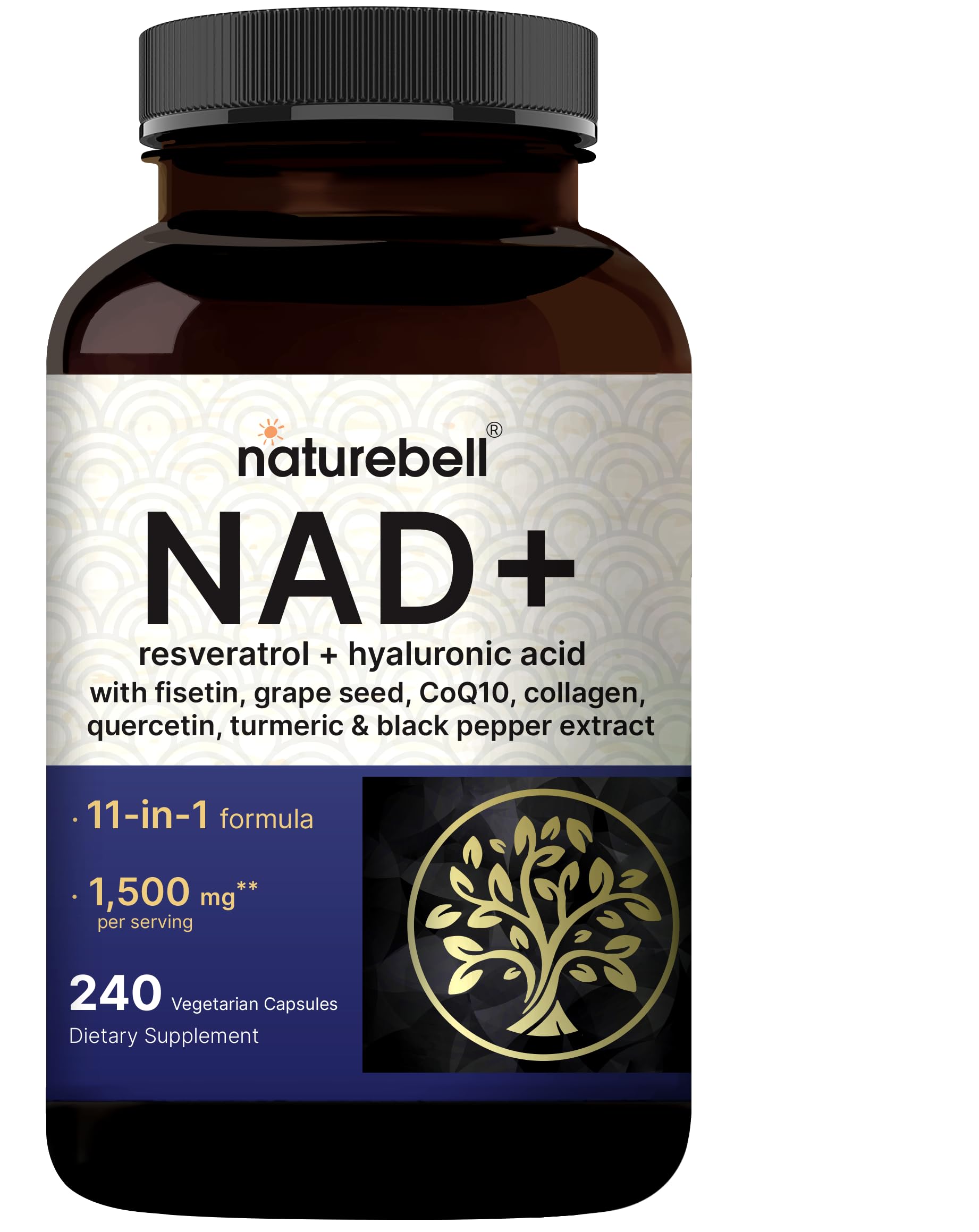 NatureBell NAD+ Complex bottle and capsules for daily vitality support.