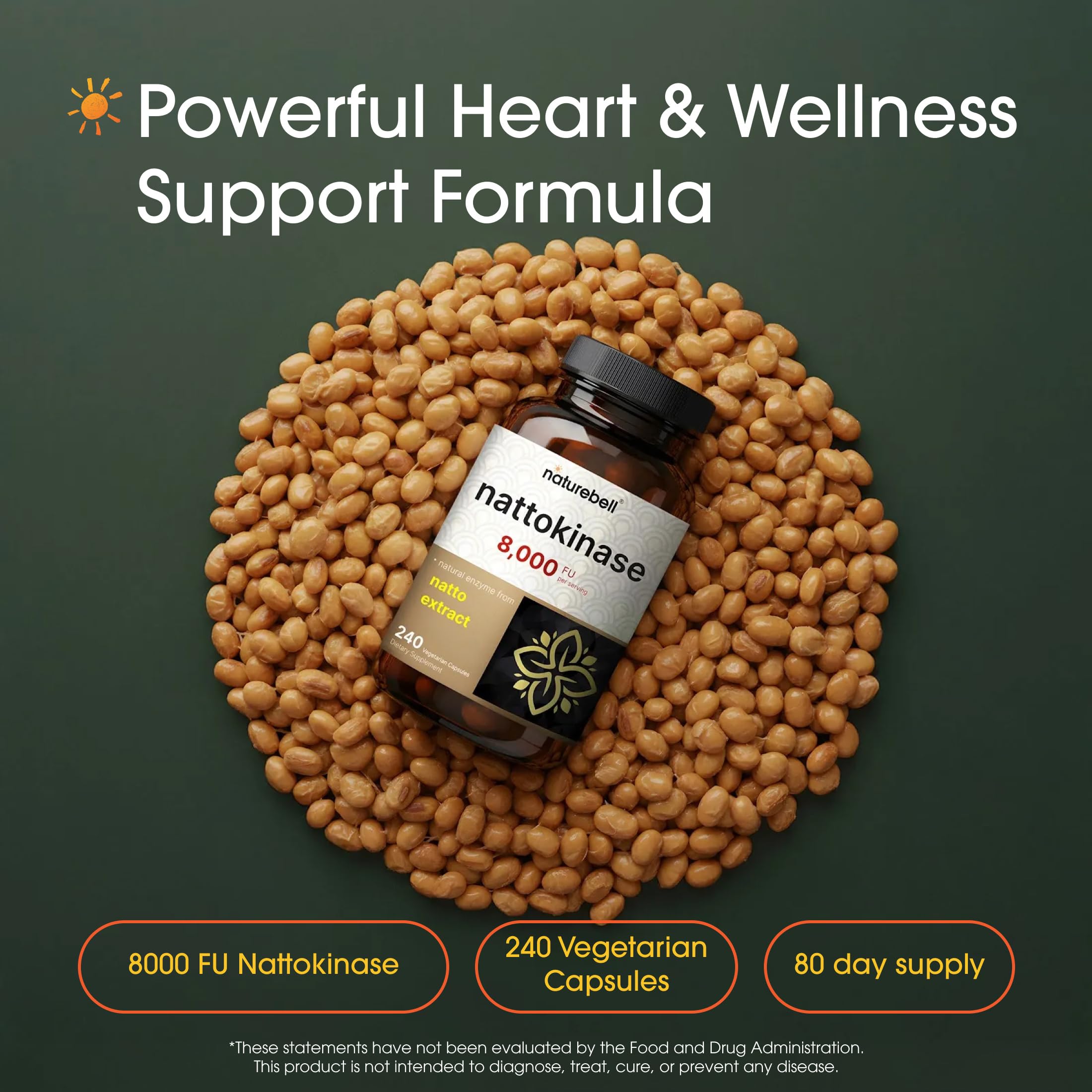 NatureBell Nattokinase bottle close-up showing 8000 FU potency for daily enzyme support