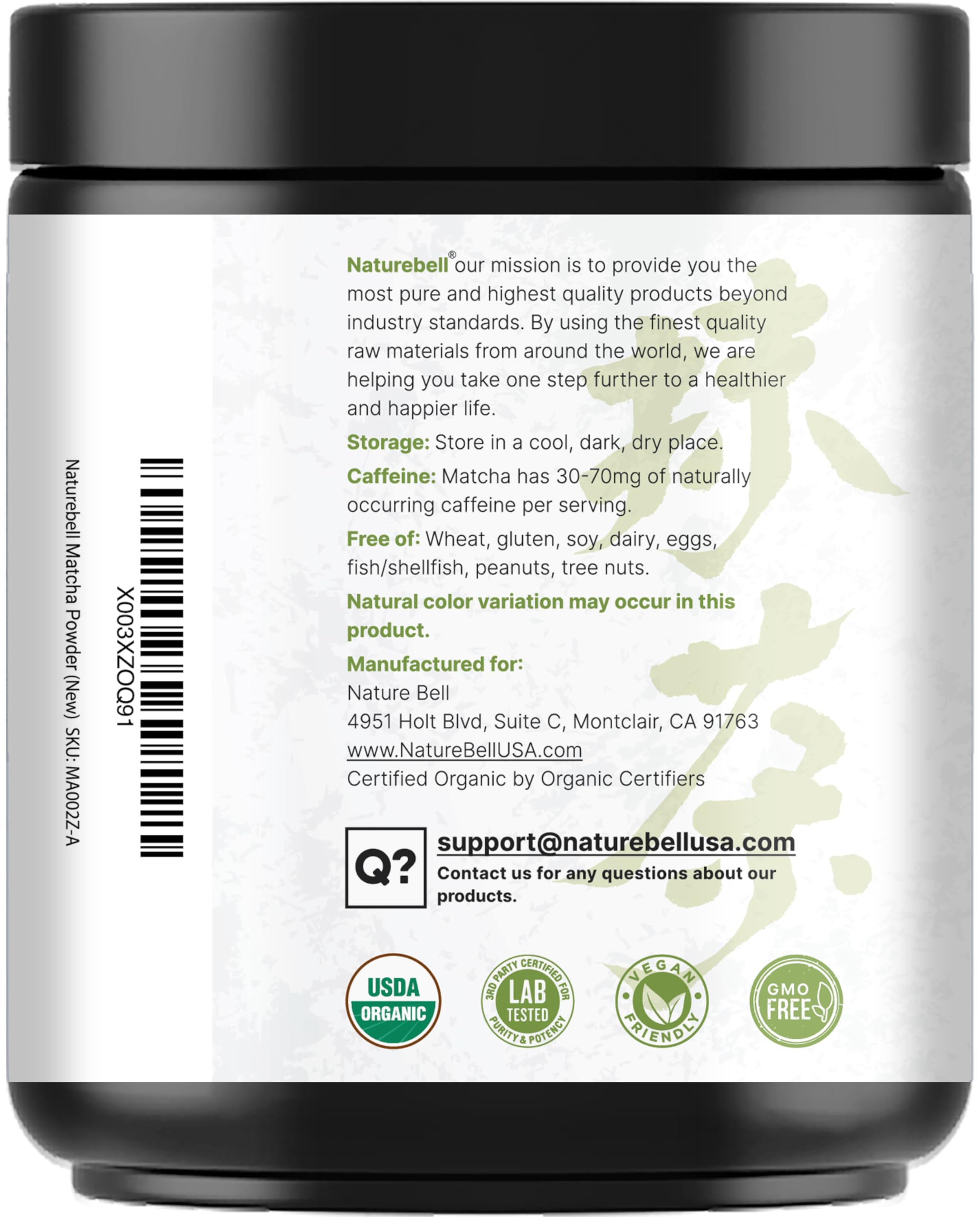 NatureBell organic matcha powder packaging closeup showing quality