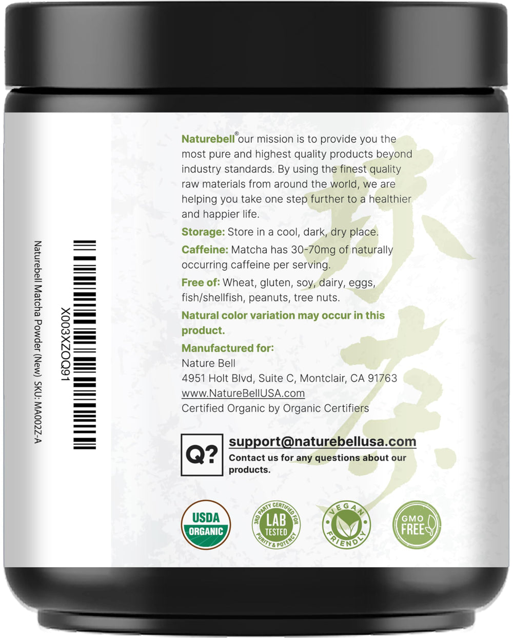NatureBell organic matcha powder packaging closeup showing quality