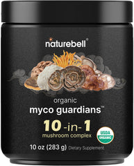 NatureBell Organic Mushroom Powder bottle ready for daily coffee mix-in.