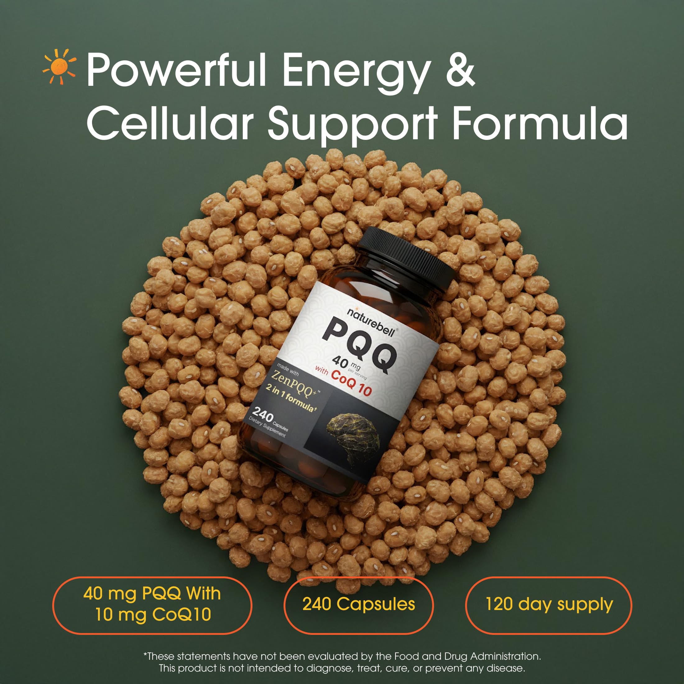 Close-up of NatureBell PQQ capsules highlights energy-supporting ingredients.