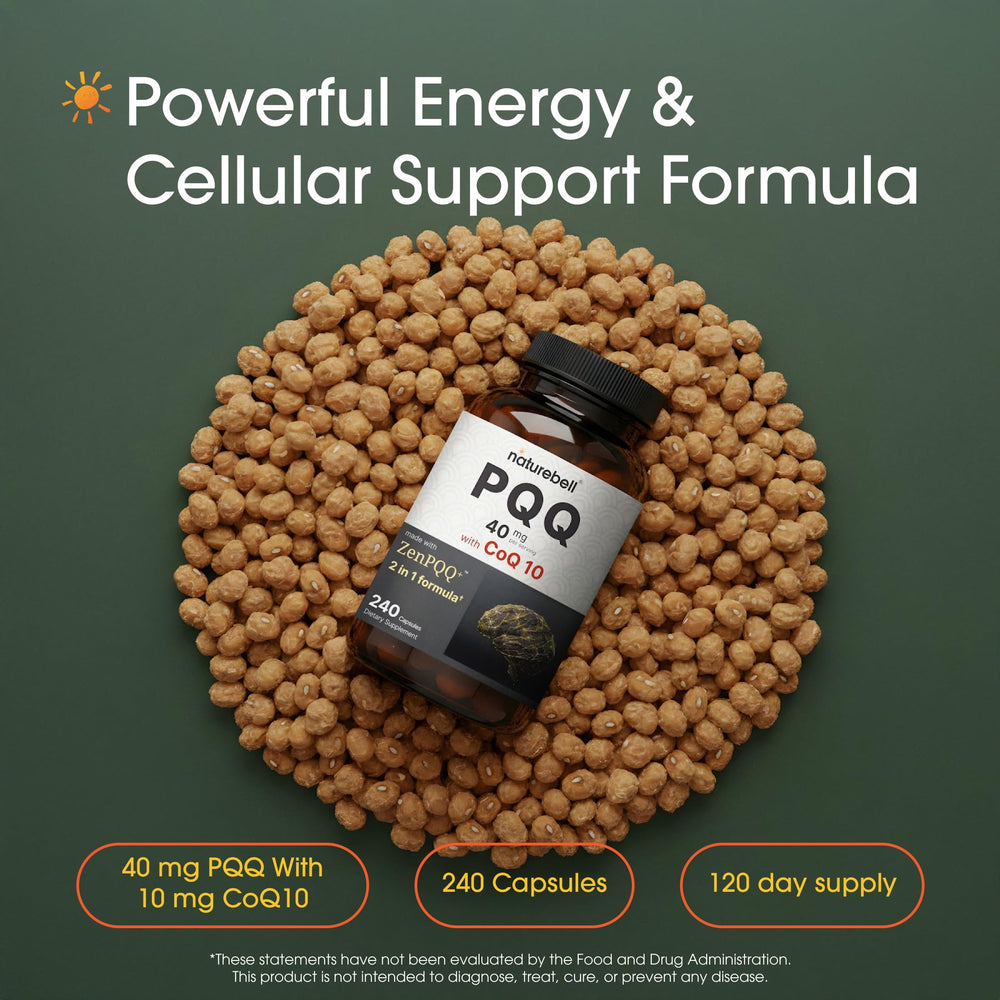 Close-up of NatureBell PQQ capsules highlights energy-supporting ingredients.