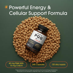 Close-up of NatureBell PQQ capsules highlights energy-supporting ingredients.