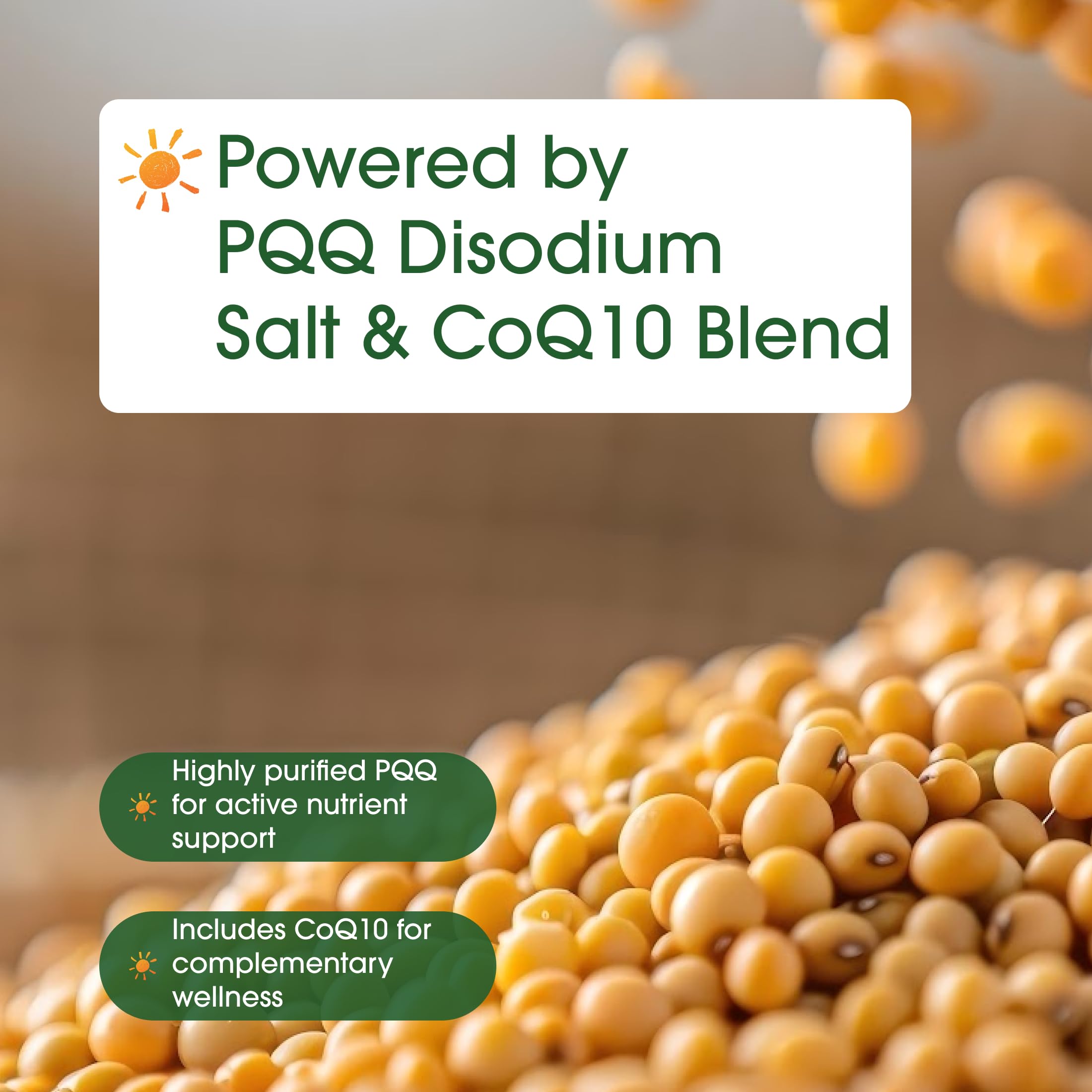 PQQ and CoQ10 capsules arranged to emphasize antioxidant benefits.