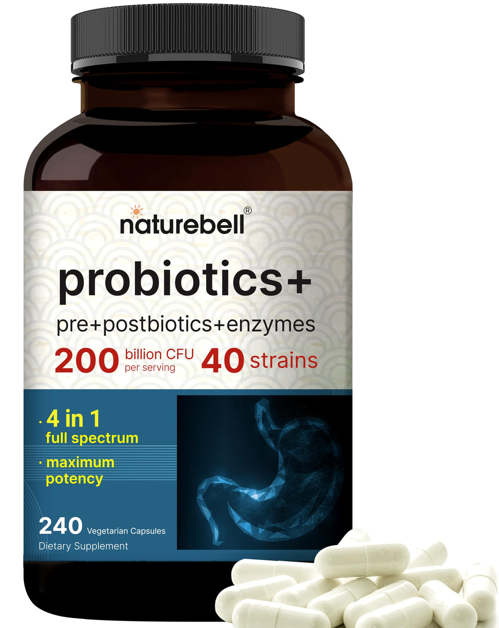 NatureBell Probiotic bottle label highlights 200B CFU potency for daily gut support