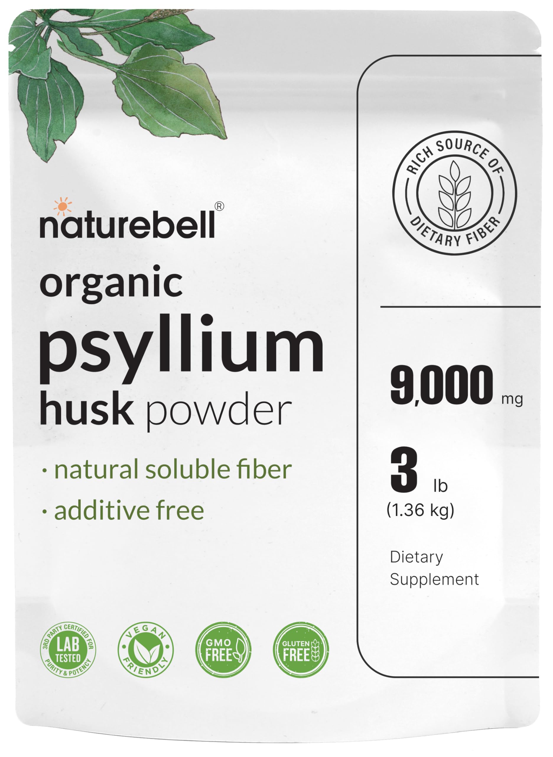 NatureBell psyllium husk powder in a jar supports steady digestive comfort.
