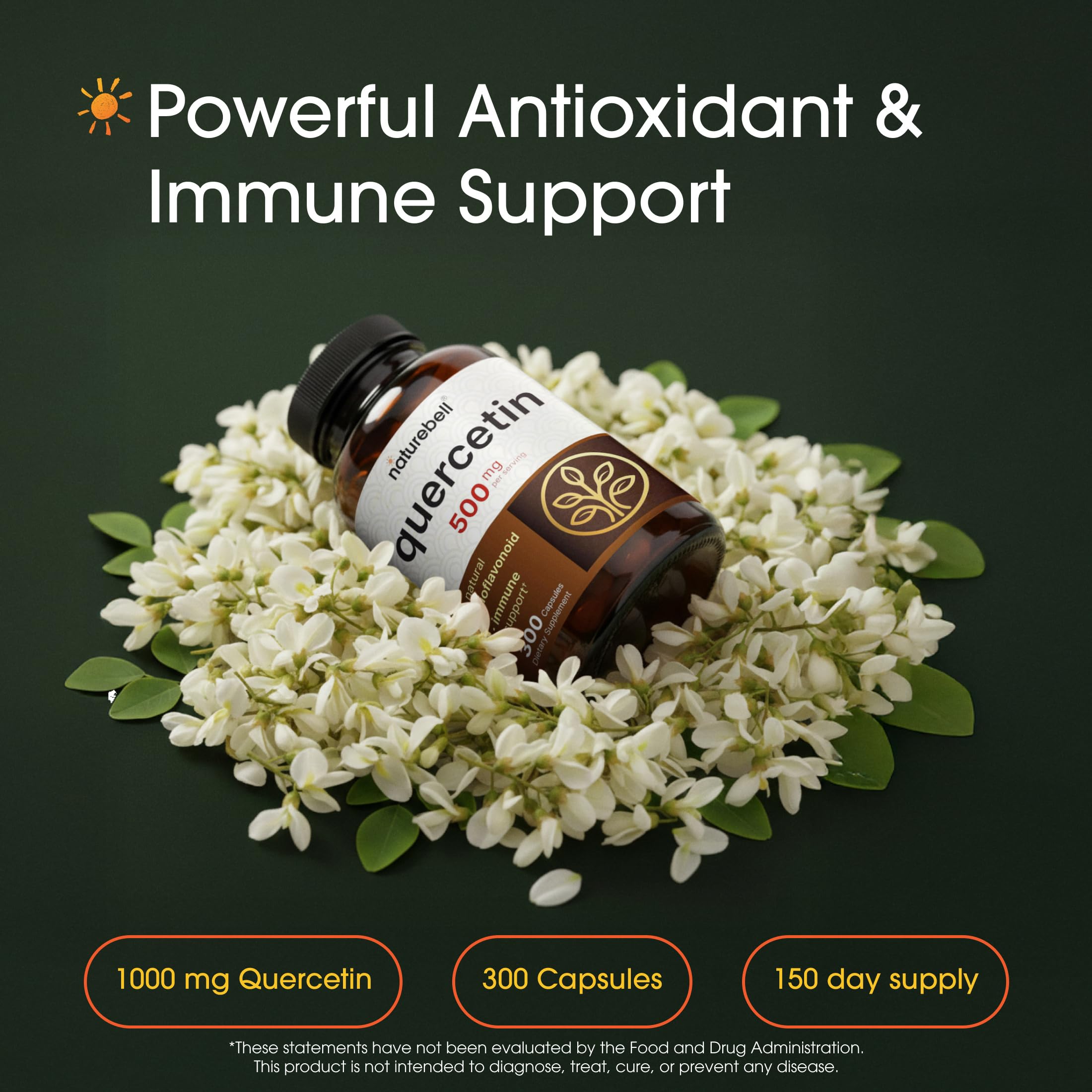 NatureBell Quercetin capsules closeup emphasizing high-potency supplement use.