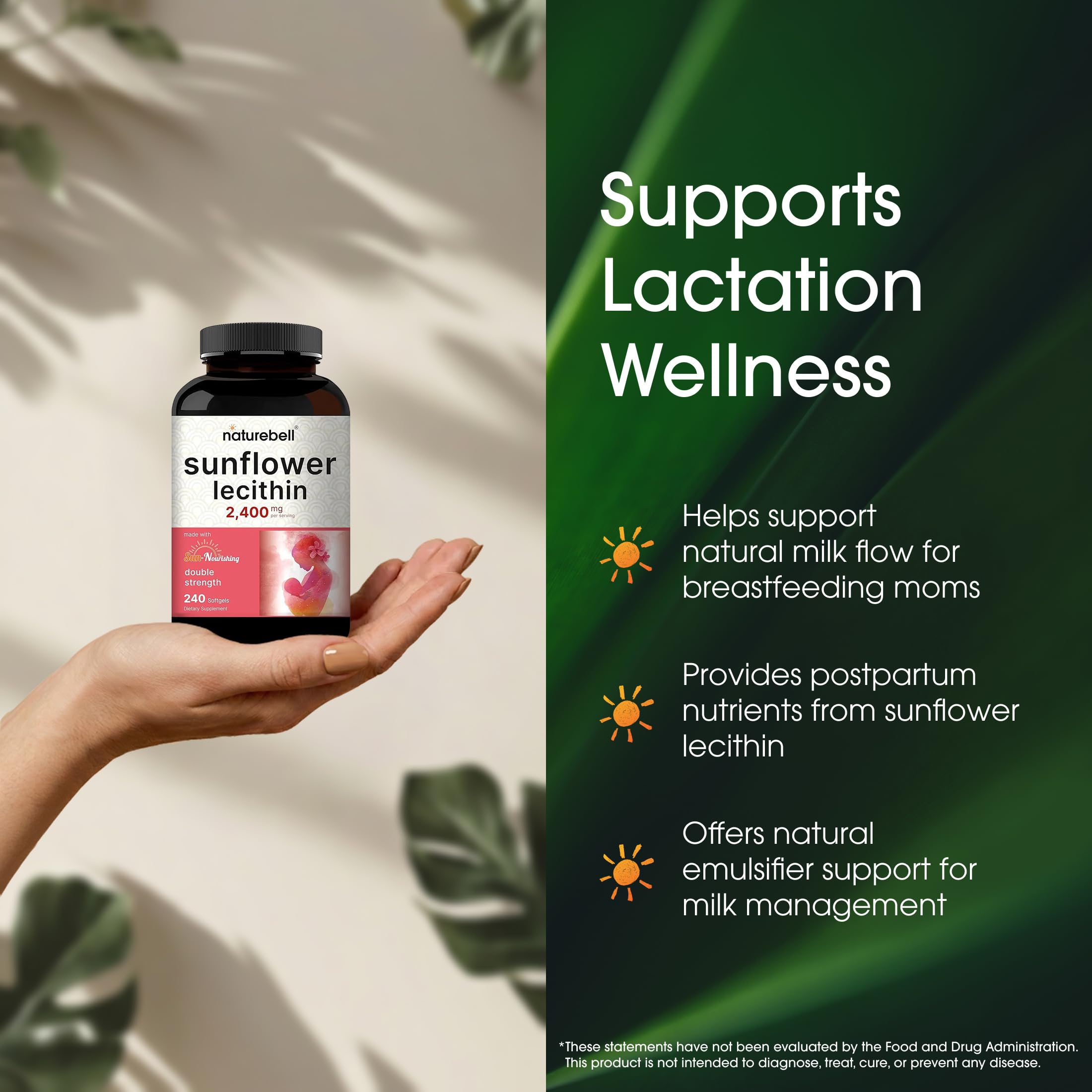 NatureBell Sunflower Lecithin ingredients section showcases sunflower oil and choline-rich formula.