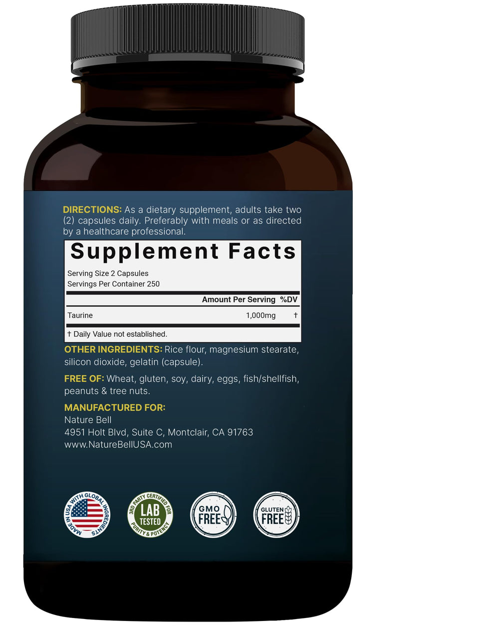 NatureBell Taurine gluten-free non-GMO assurance and allergen-free profile