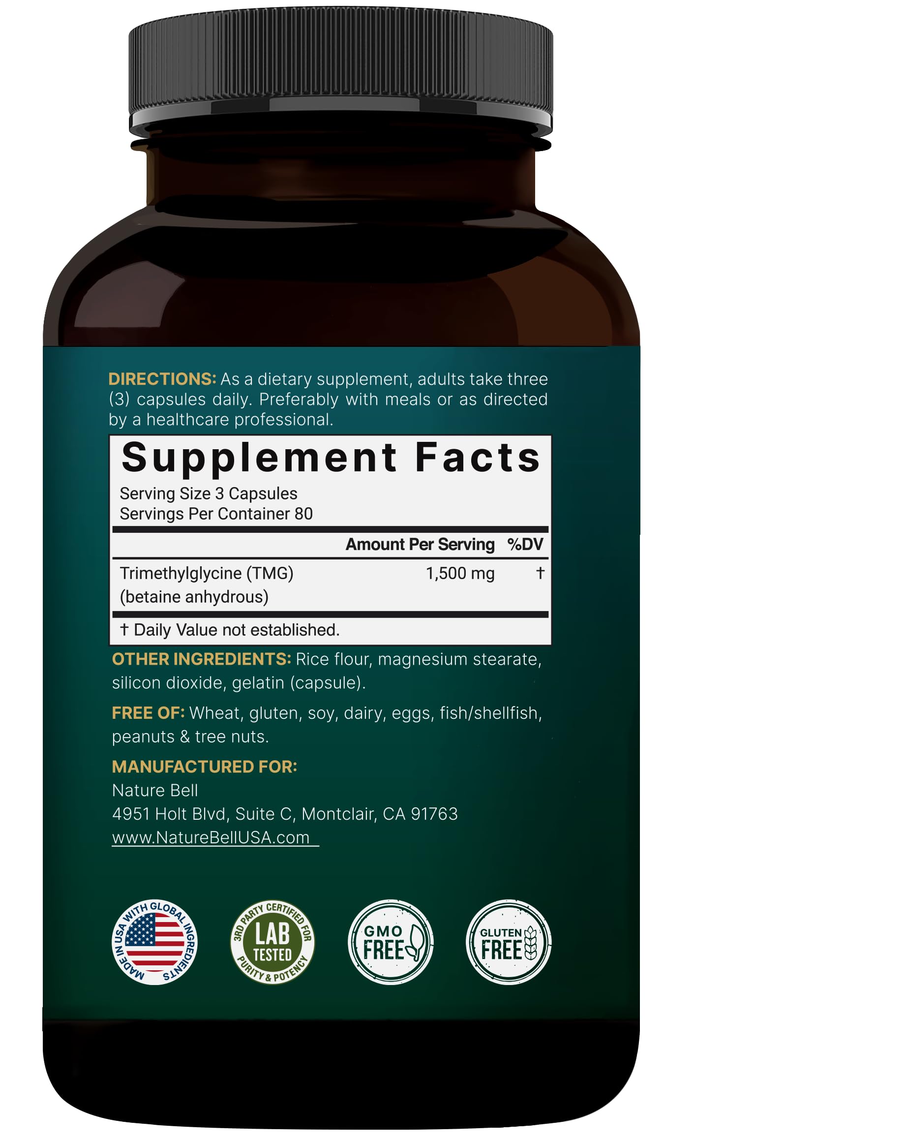 Capsules in hand illustrate convenient daily supplementation with NatureBell TMG.