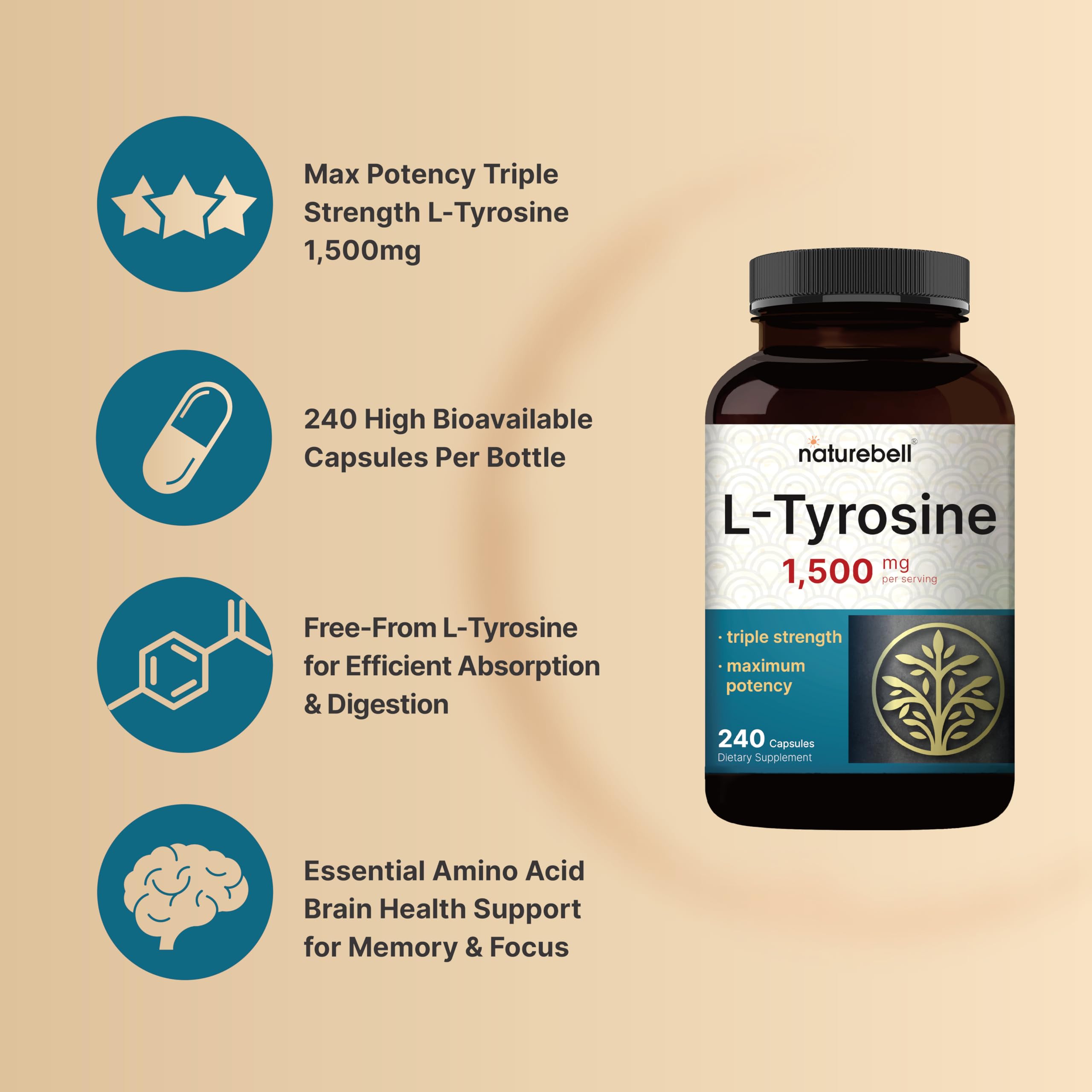 NatureBell L-Tyrosine bottle label highlighting non-GMO and purity.