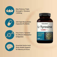 NatureBell L-Tyrosine bottle label highlighting non-GMO and purity.