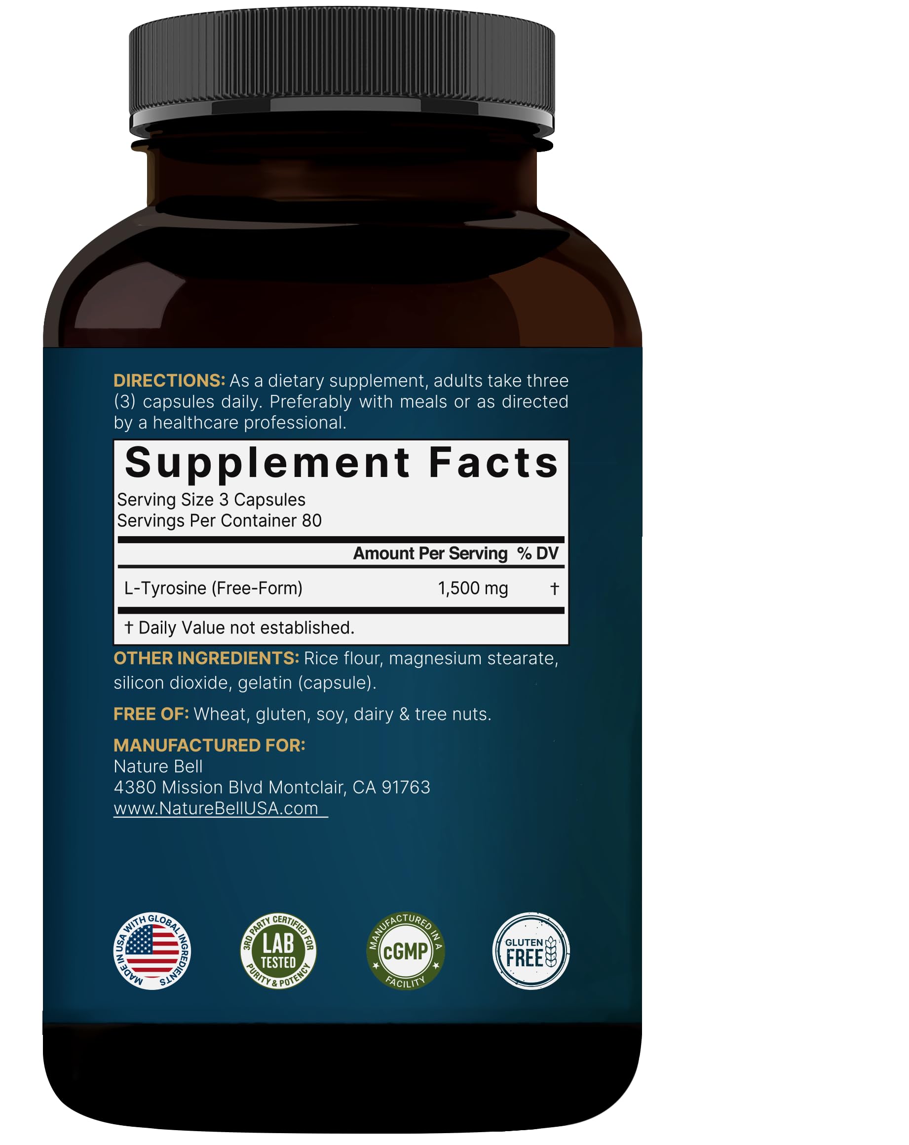 NatureBell L-Tyrosine bottle featuring 3 capsules daily serving illustration.