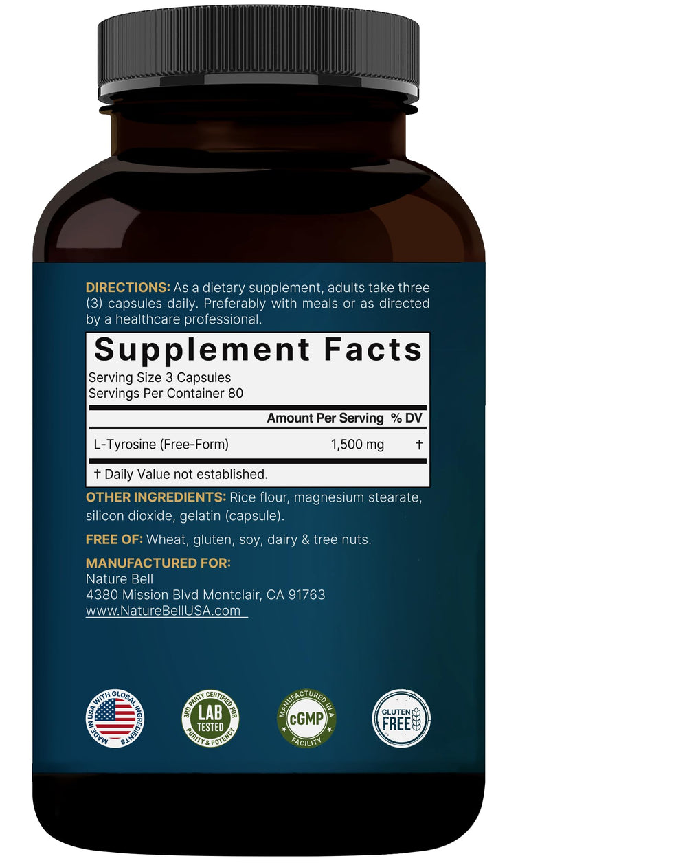NatureBell L-Tyrosine bottle featuring 3 capsules daily serving illustration.