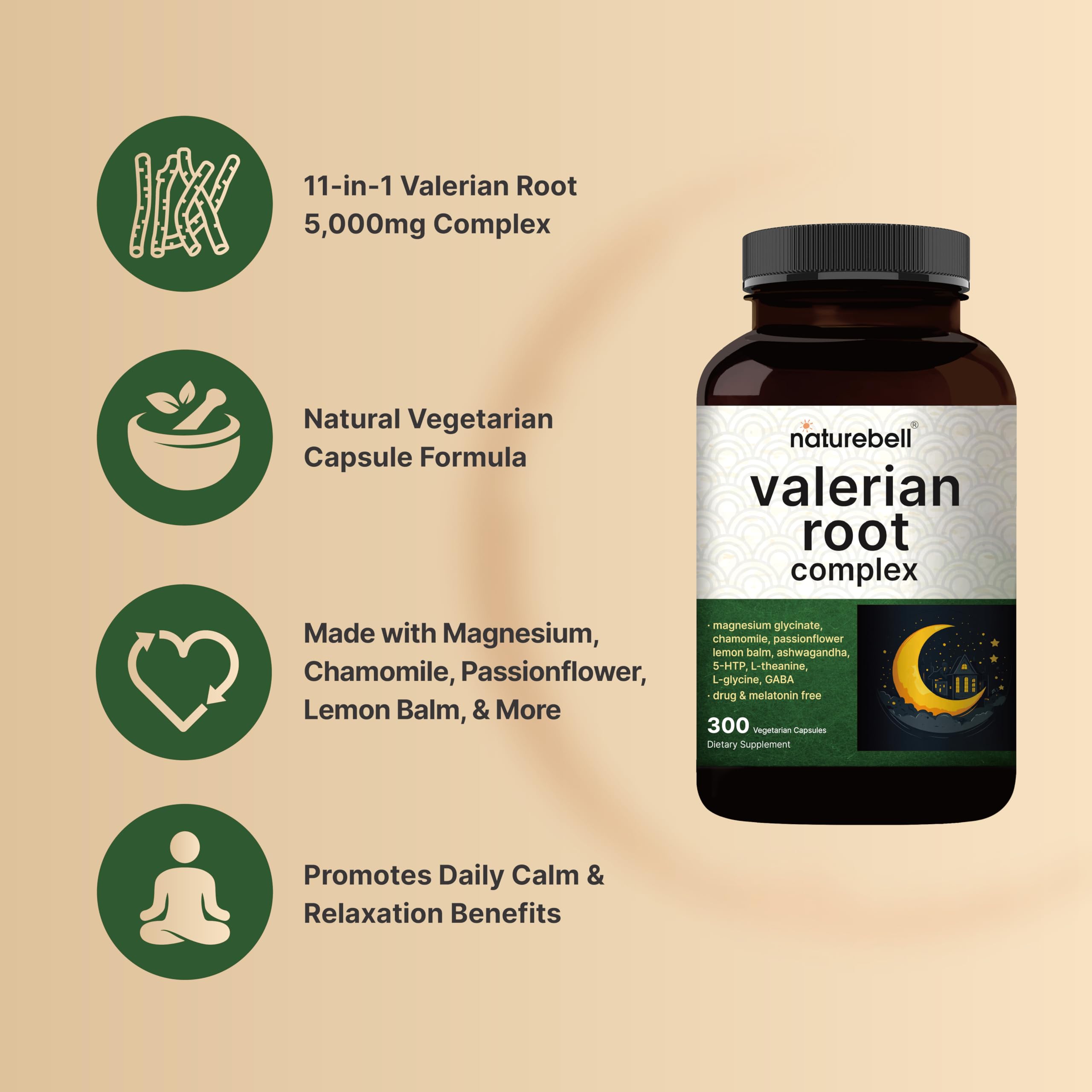 NatureBell Valerian Root ingredients list graphic highlights chamomile and ashwagandha