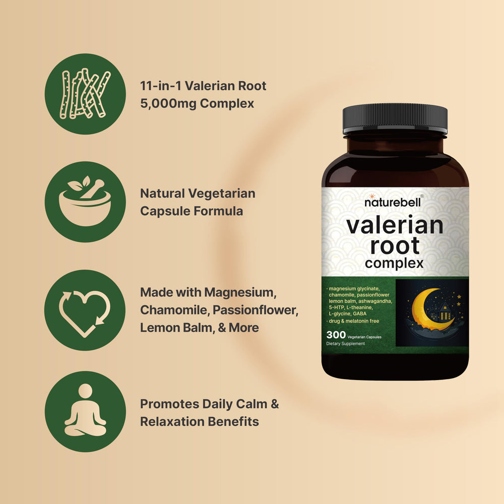 NatureBell Valerian Root ingredients list graphic highlights chamomile and ashwagandha