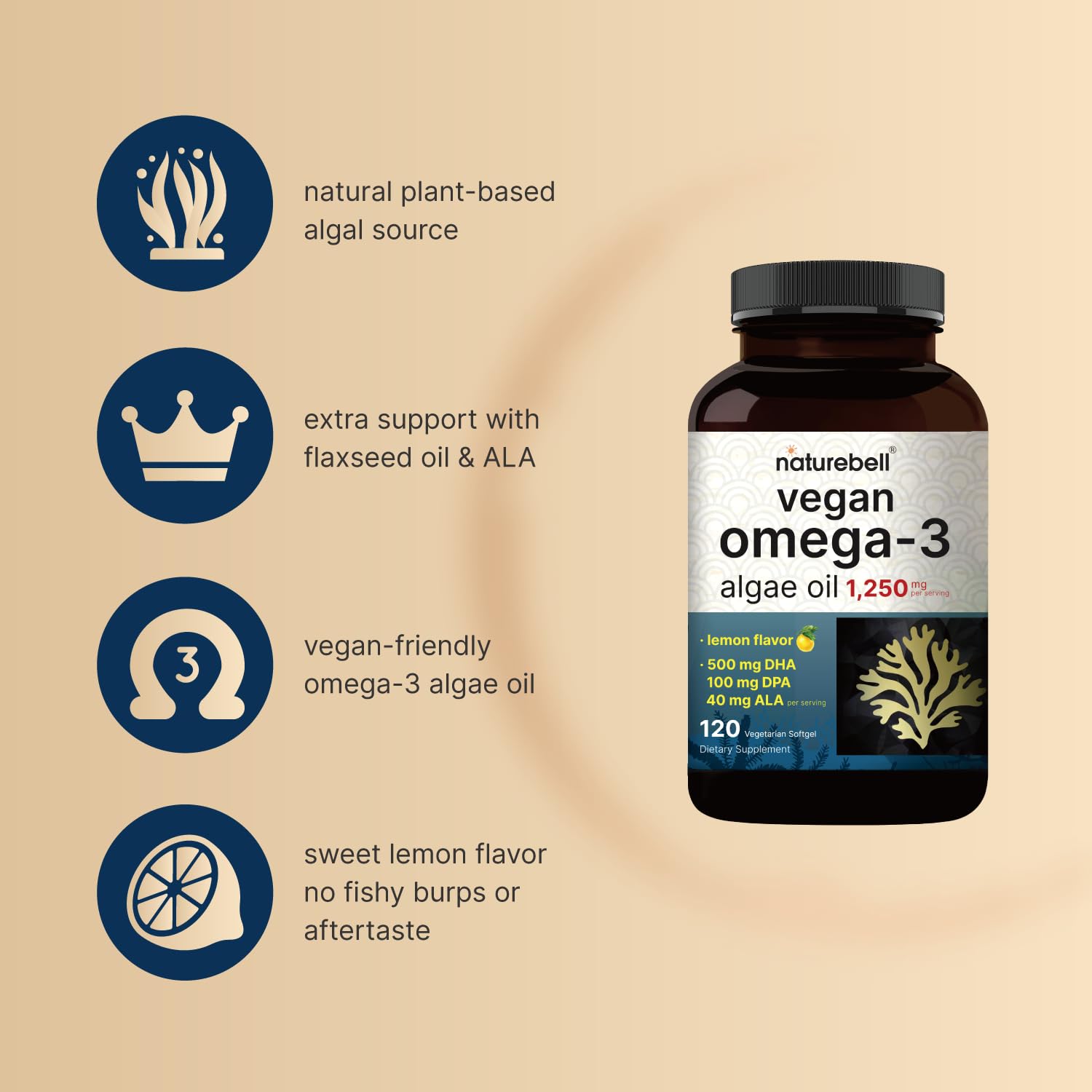 NatureBell algae oil contains DHA and DPA for potential heart and brain support.