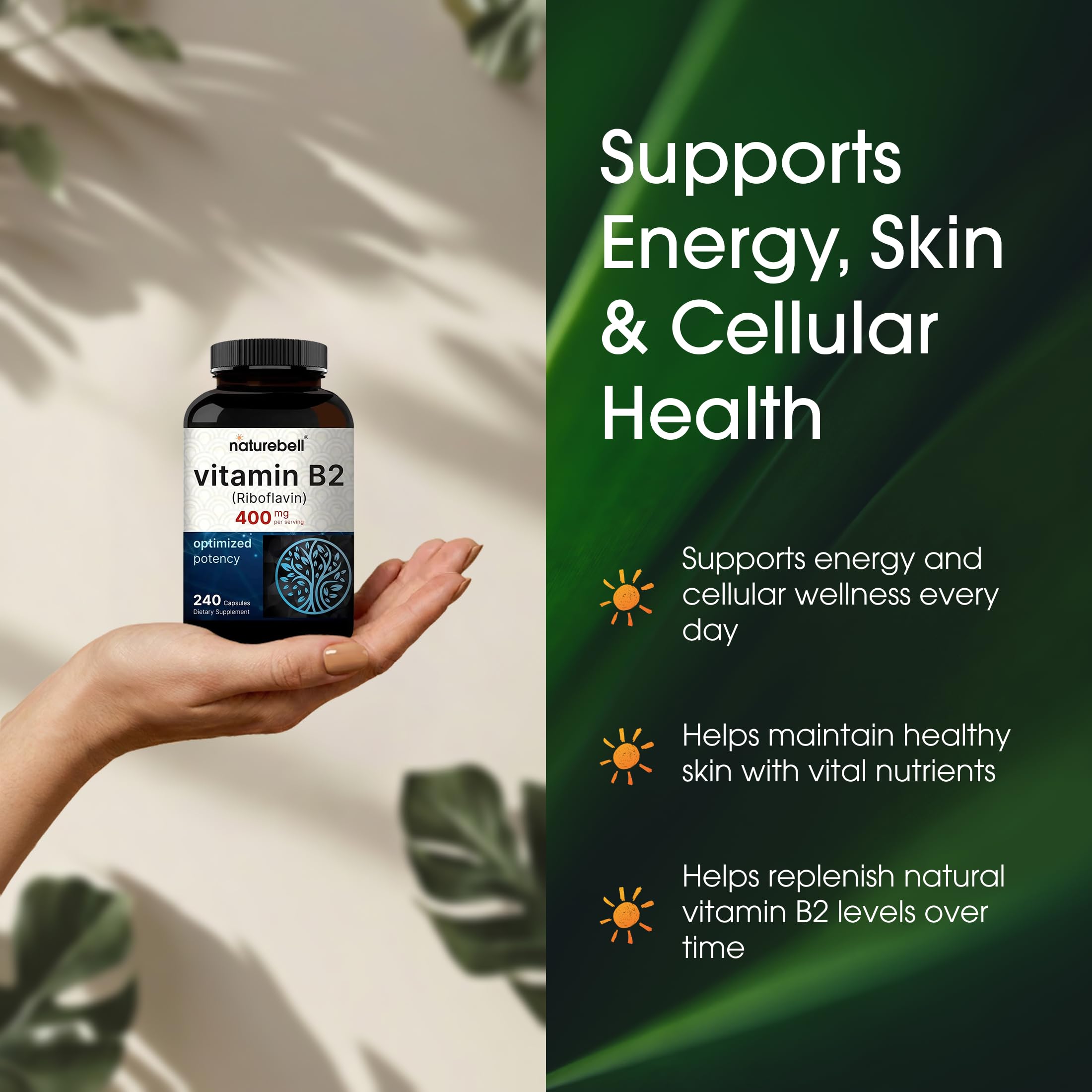 NatureBell Vitamin B2 400mg vegetarian packaging communicates plant-based capsules.
