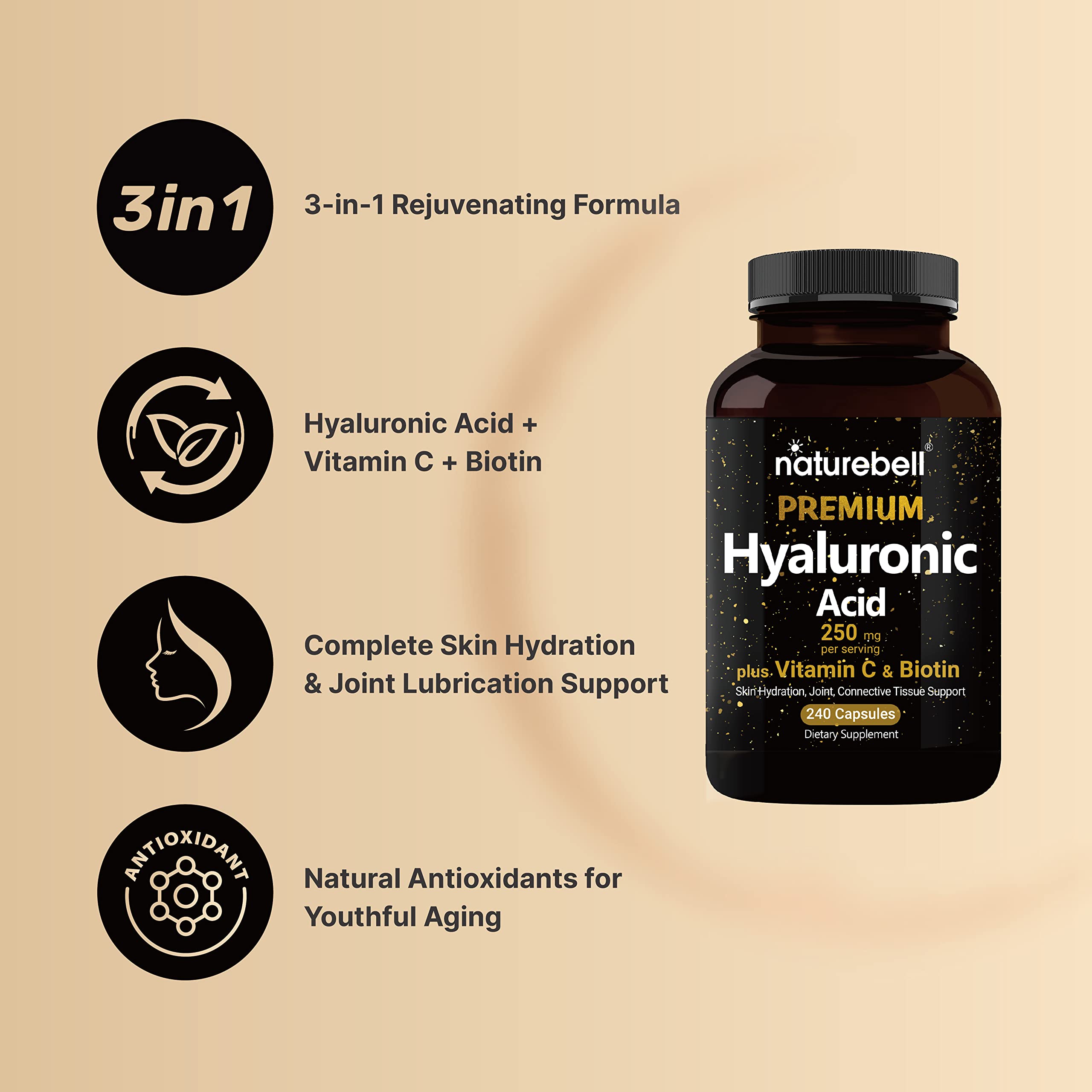 NatureBell vitamin C and biotin tablets close-up suggesting hair, skin, and nail vitality.