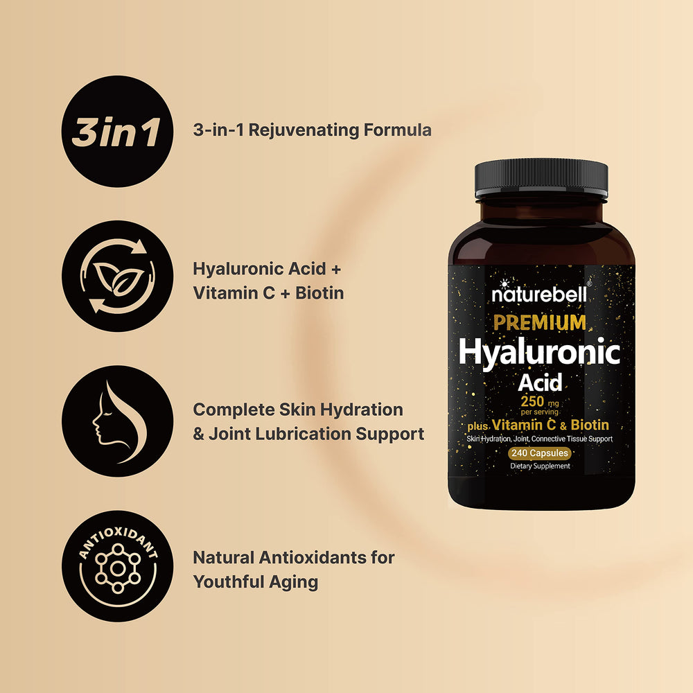 NatureBell vitamin C and biotin tablets close-up suggesting hair, skin, and nail vitality.
