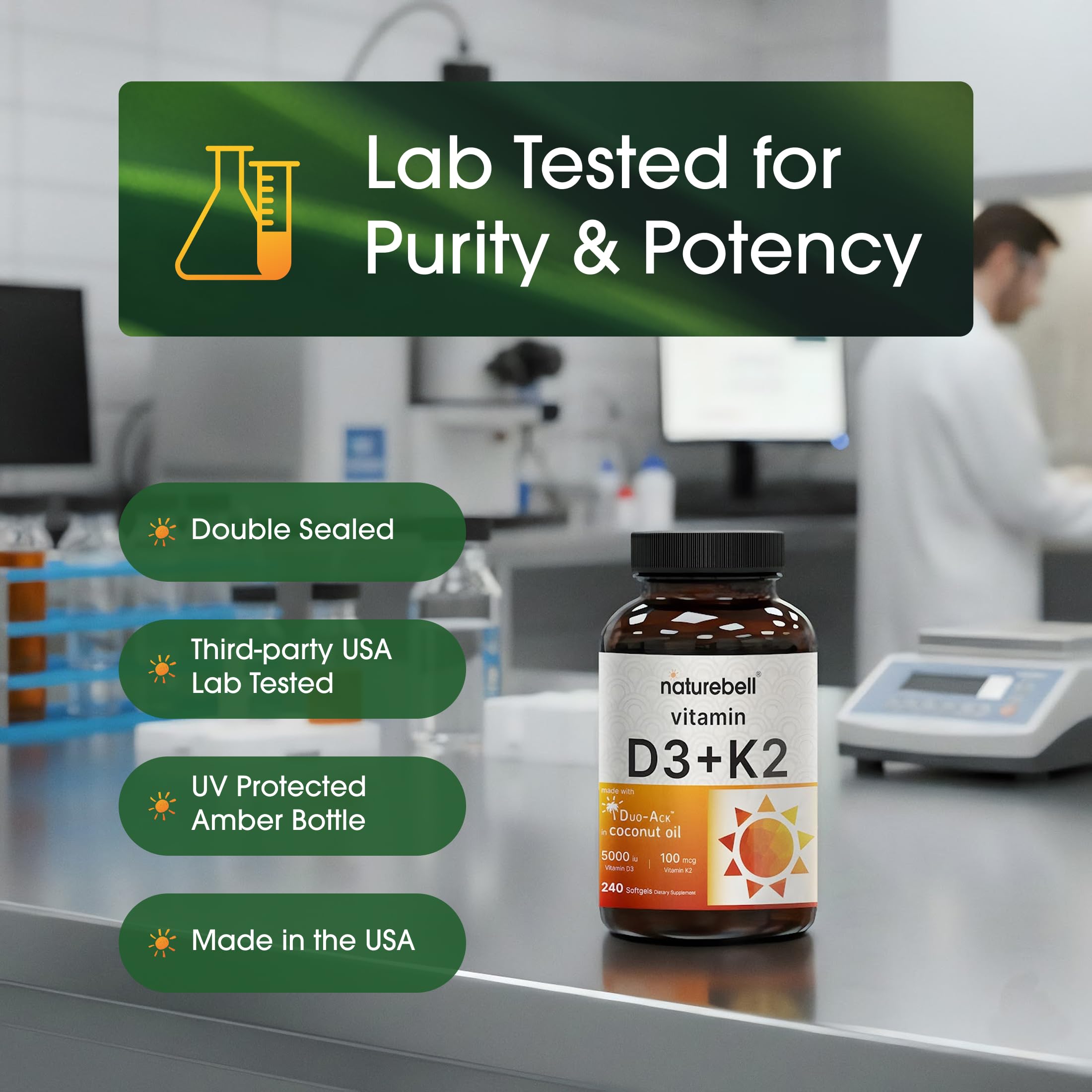 NatureBell third-party tested seal on D3 K2 bottle for quality