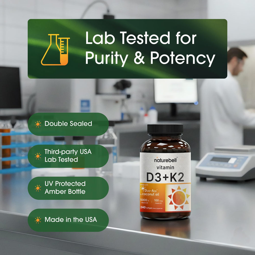 NatureBell third-party tested seal on D3 K2 bottle for quality
