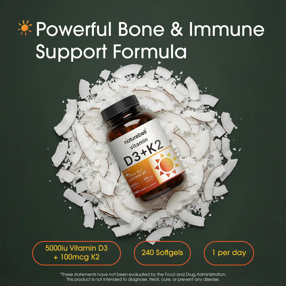 NatureBell Vitamin D3 K2 softgels being poured for easy daily use