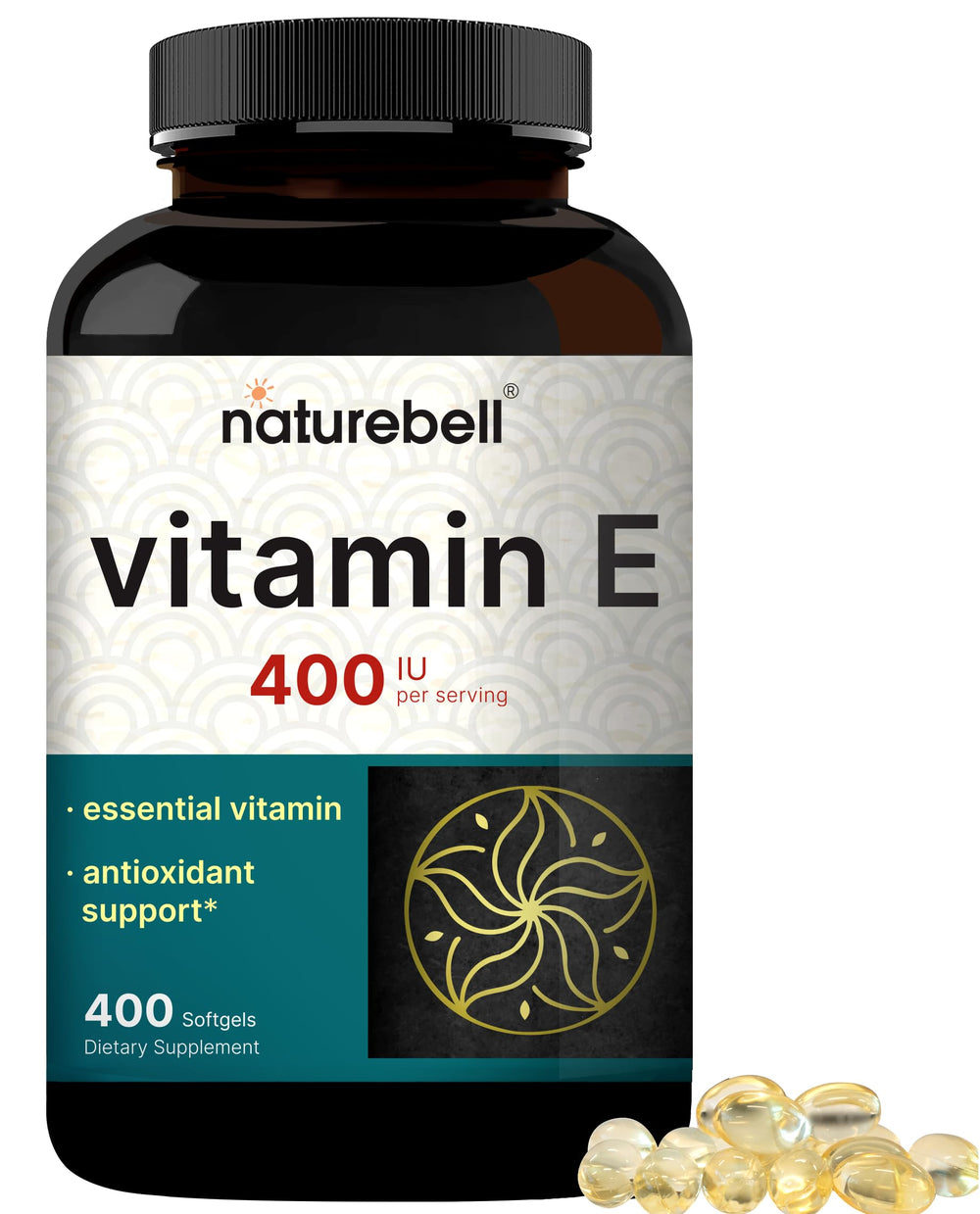 NatureBell Vitamin E Softgels bottle label showing 400 IU per serving for daily antioxidant support.