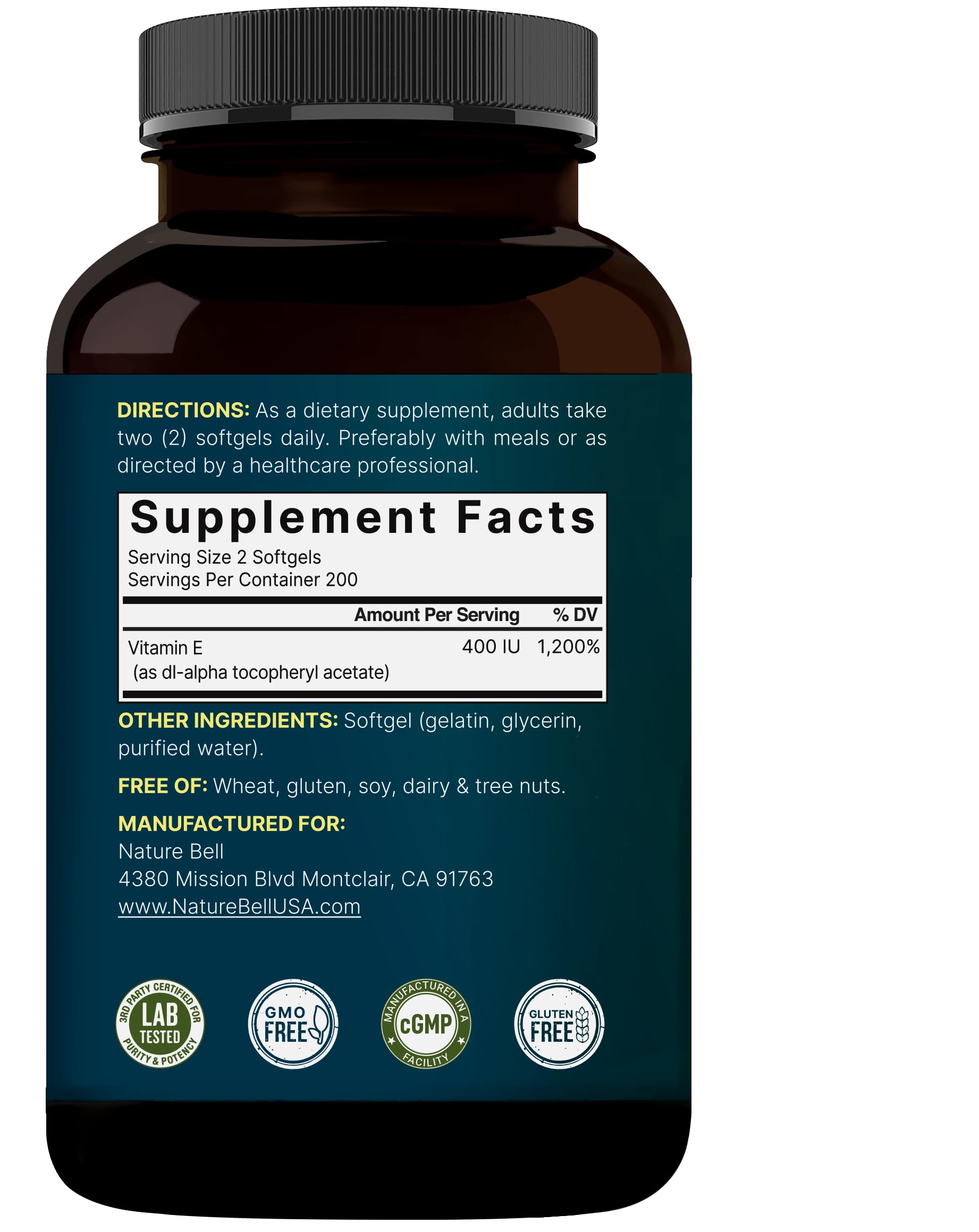 NatureBell Vitamin E Softgels packaging box showing dosage details.