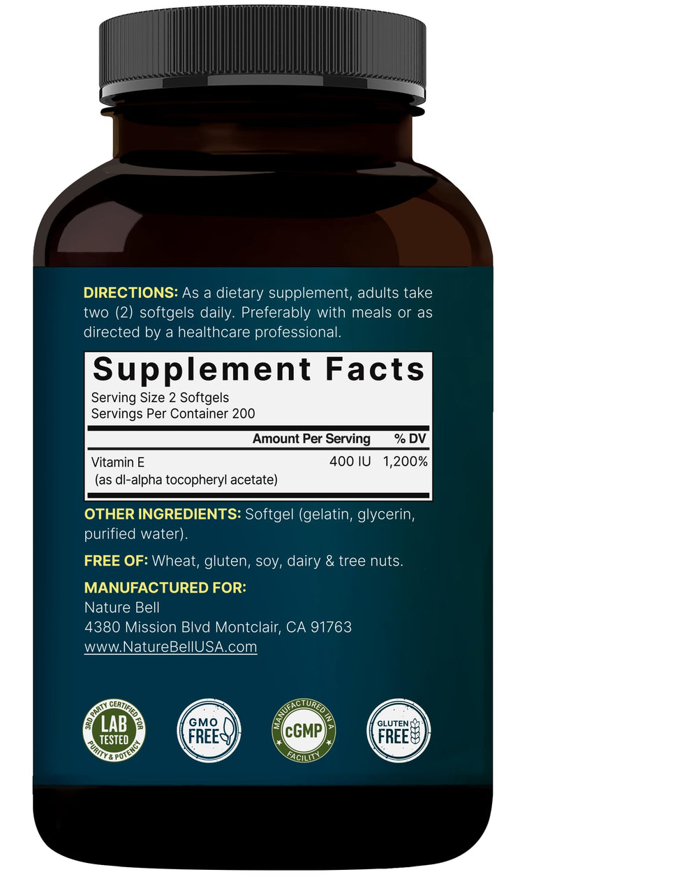 NatureBell Vitamin E Softgels packaging box showing dosage details.