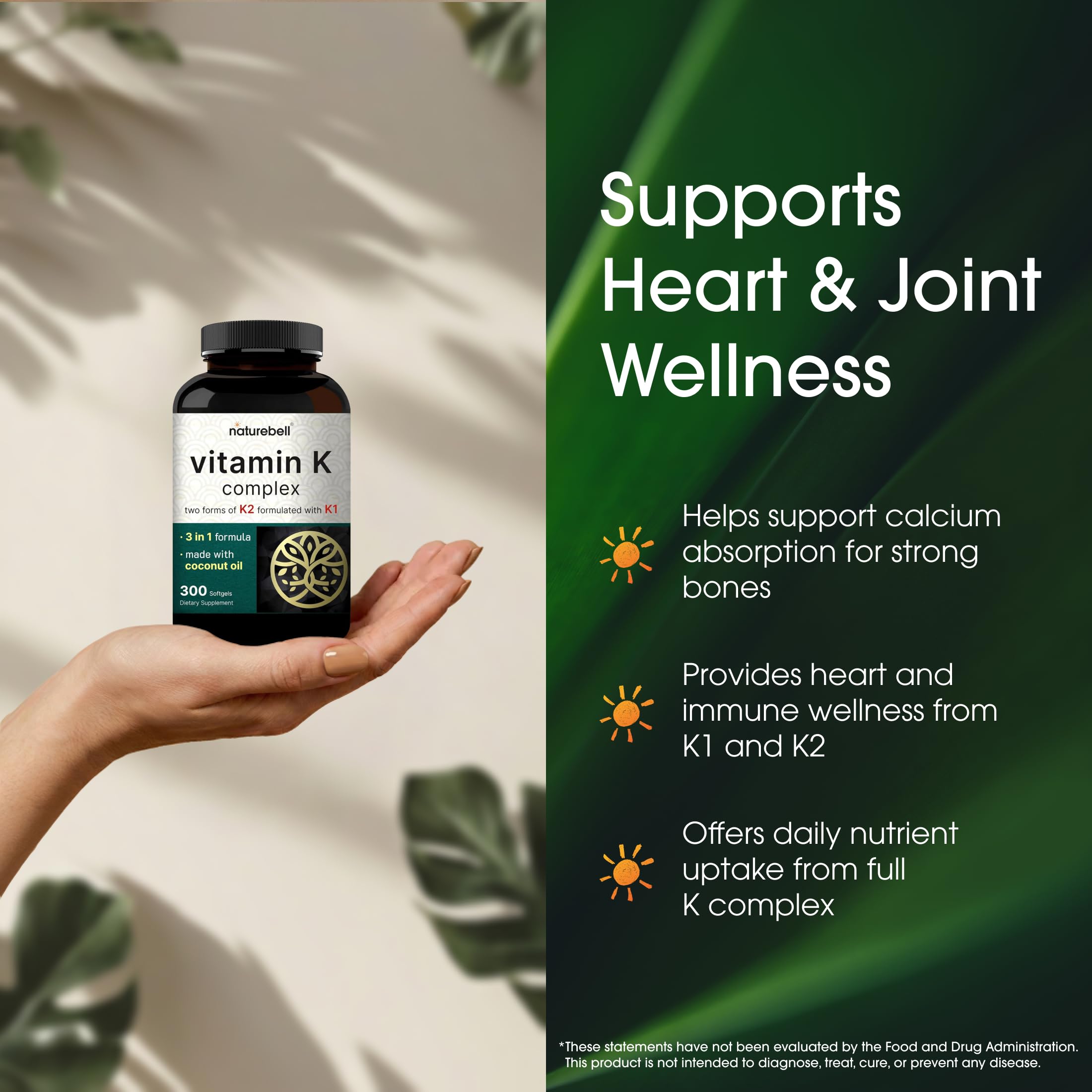 NatureBell Vitamin K Complex coconut-oil infused softgels image highlights fat-soluble absorption