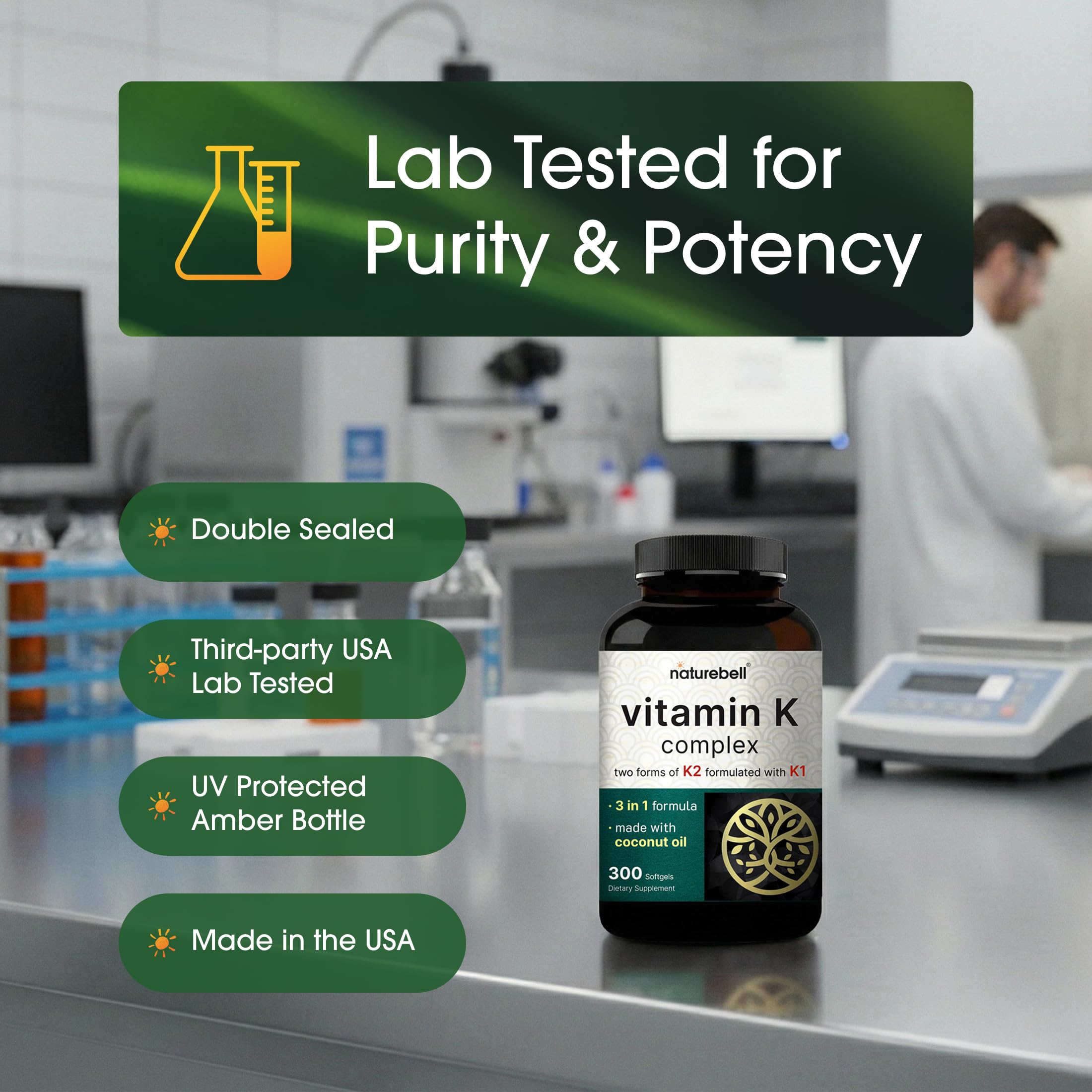 NatureBell Vitamin K Complex packaging stand displaying non-GMO and allergen-free benefits