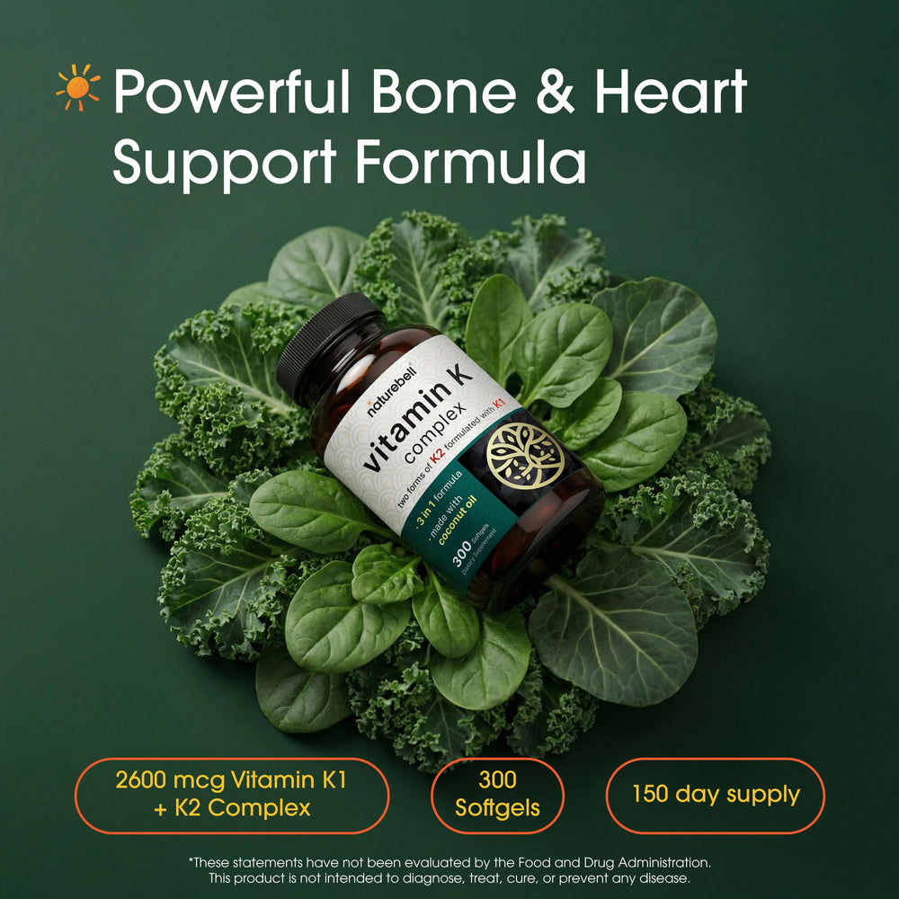 NatureBell Vitamin K Complex softgels closeup emphasizing easy-to-swallow coconut-oil infusion