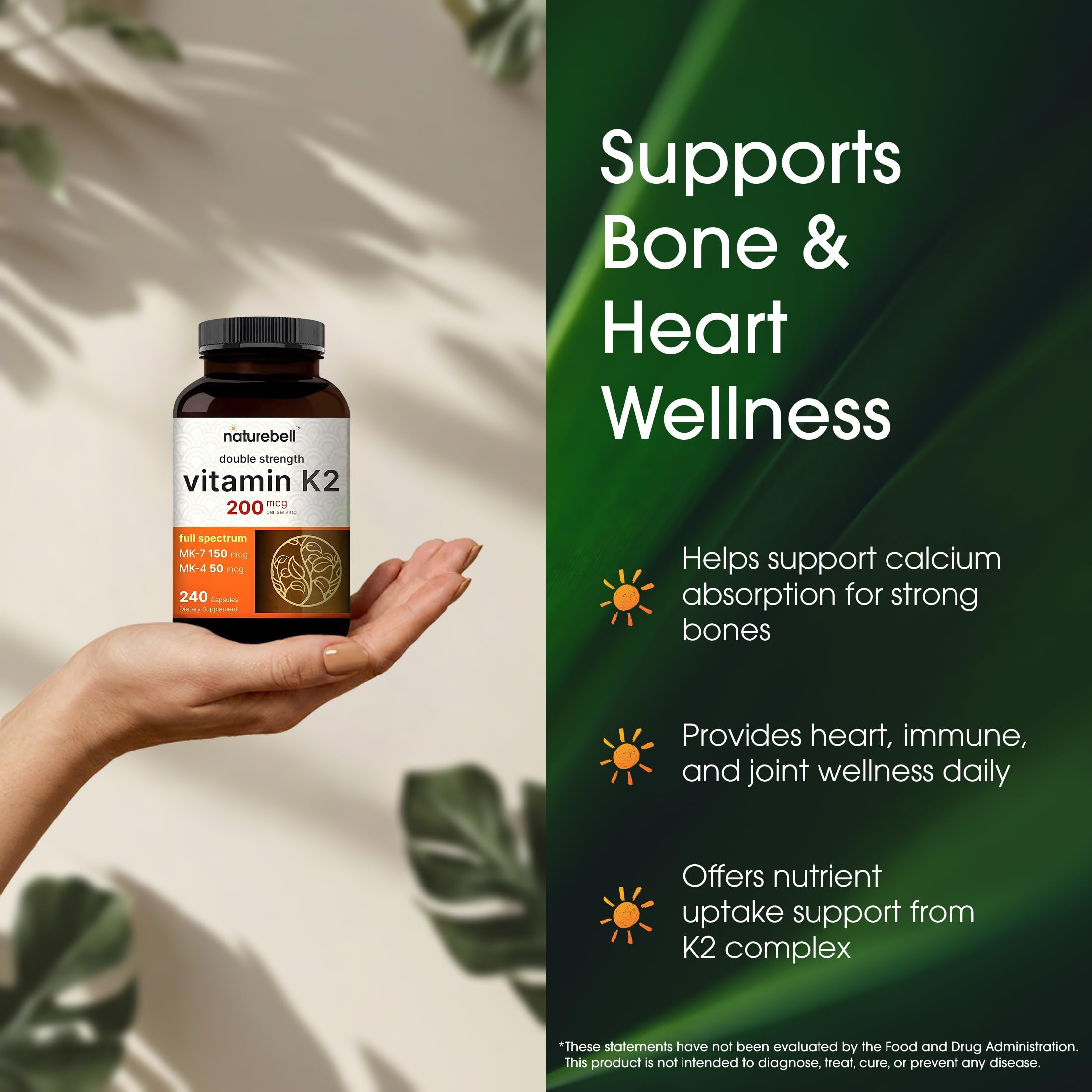 NatureBell Vitamin K2-240 capsules open cap for easy daily use.