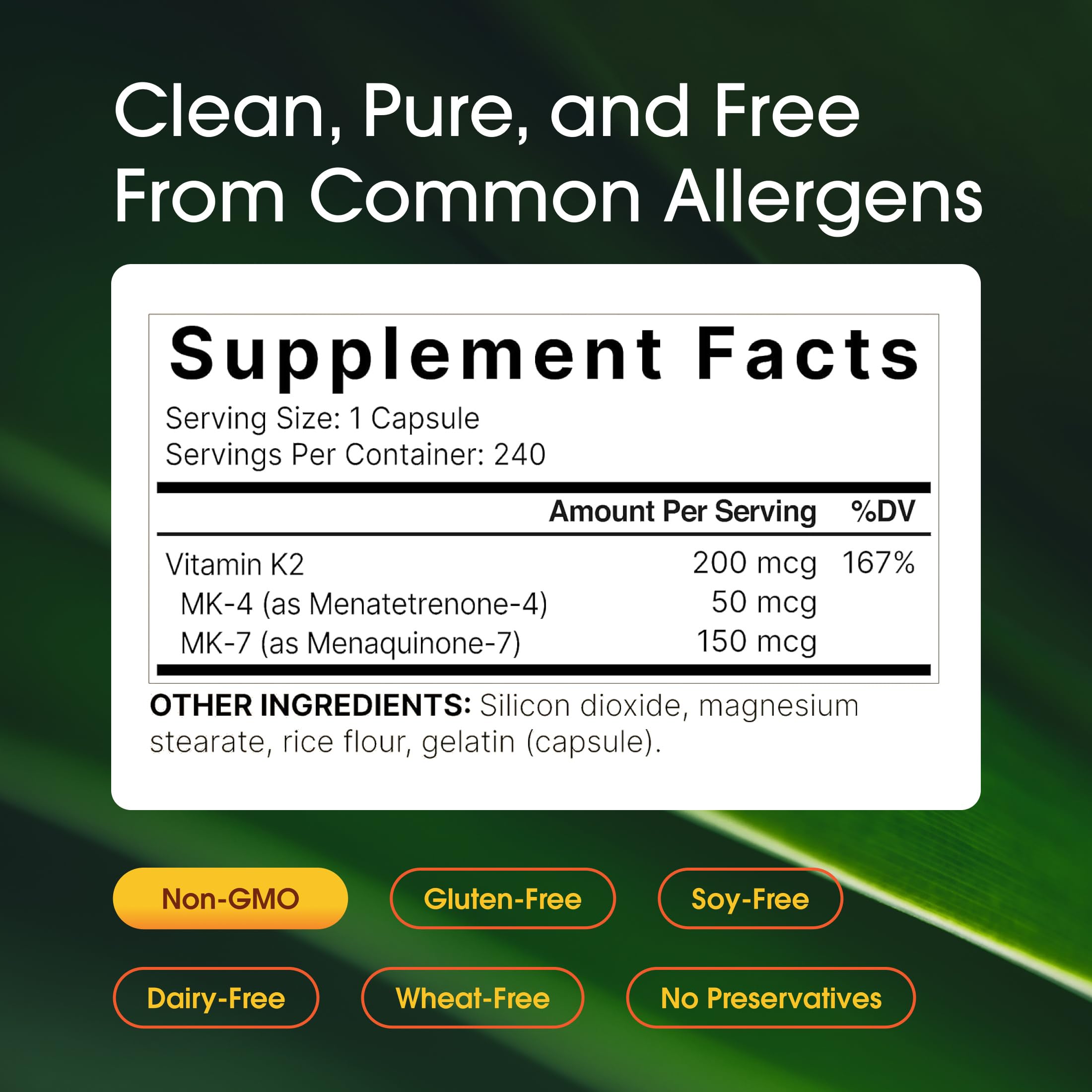NatureBell Vitamin K2-240 packaging showing non-GMO and allergen-free features.