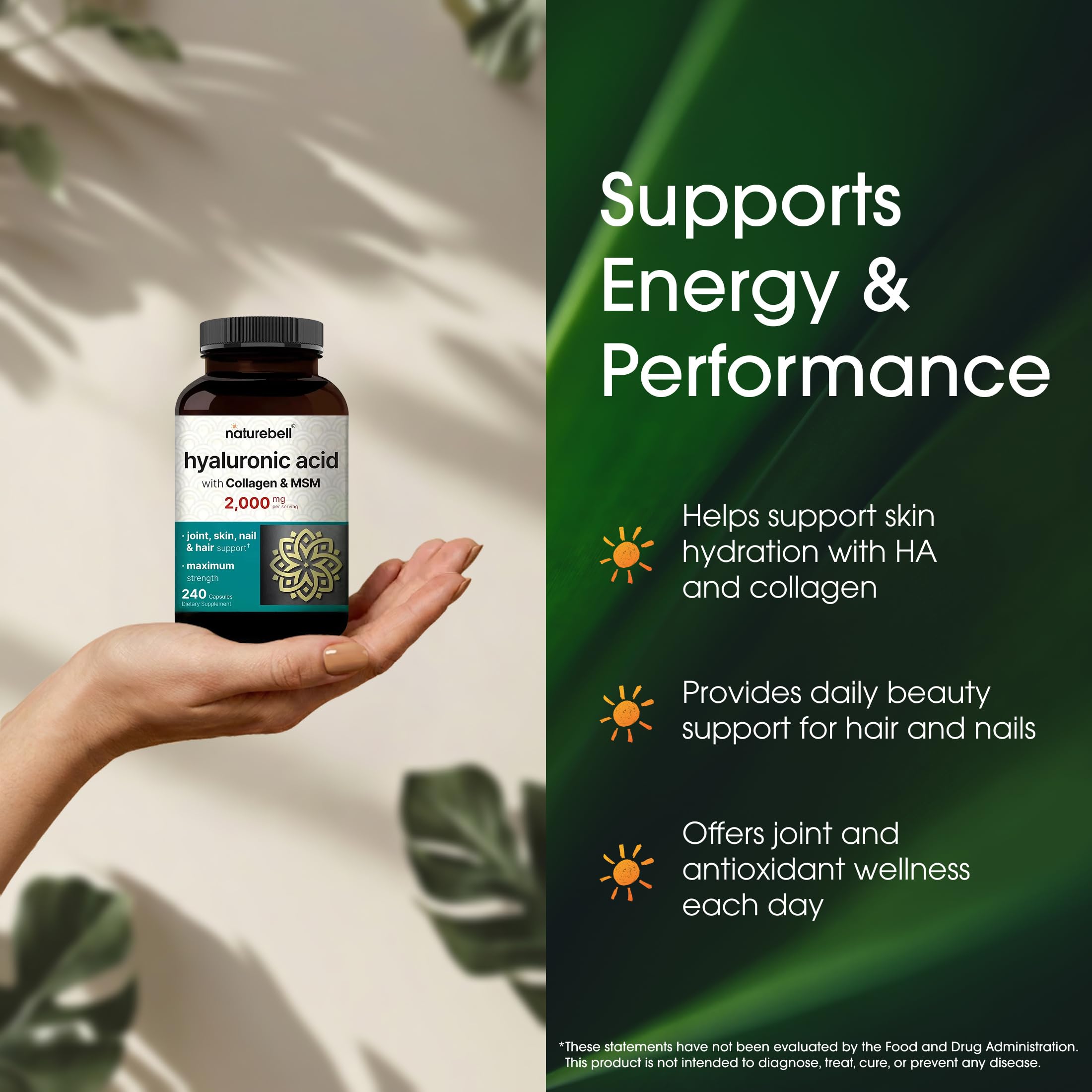 NatureBell Water-soluble sodium hyaluronate shown for easier absorption.