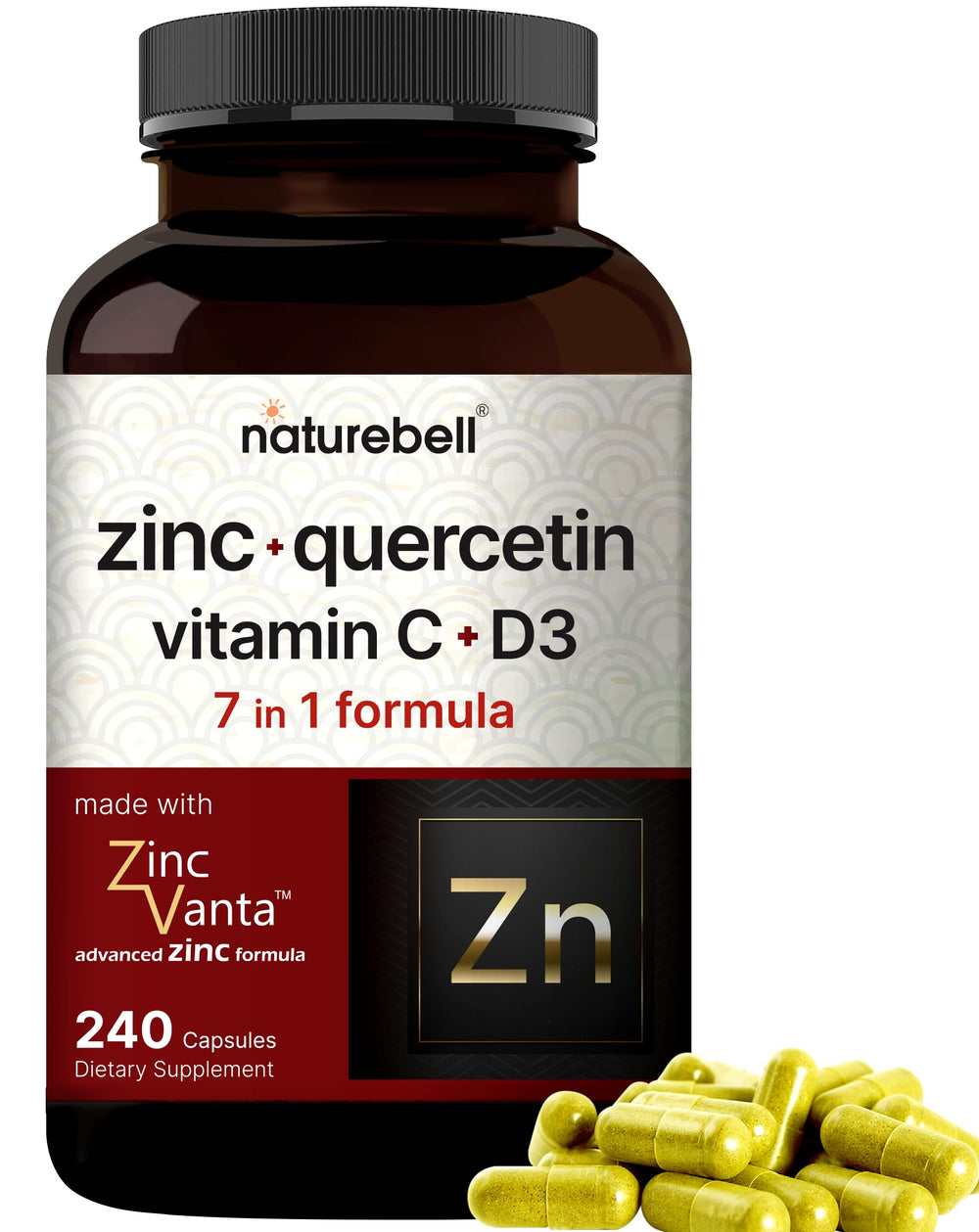 NatureBell Zinc Quercetin bottle front view suggests daily immune support.