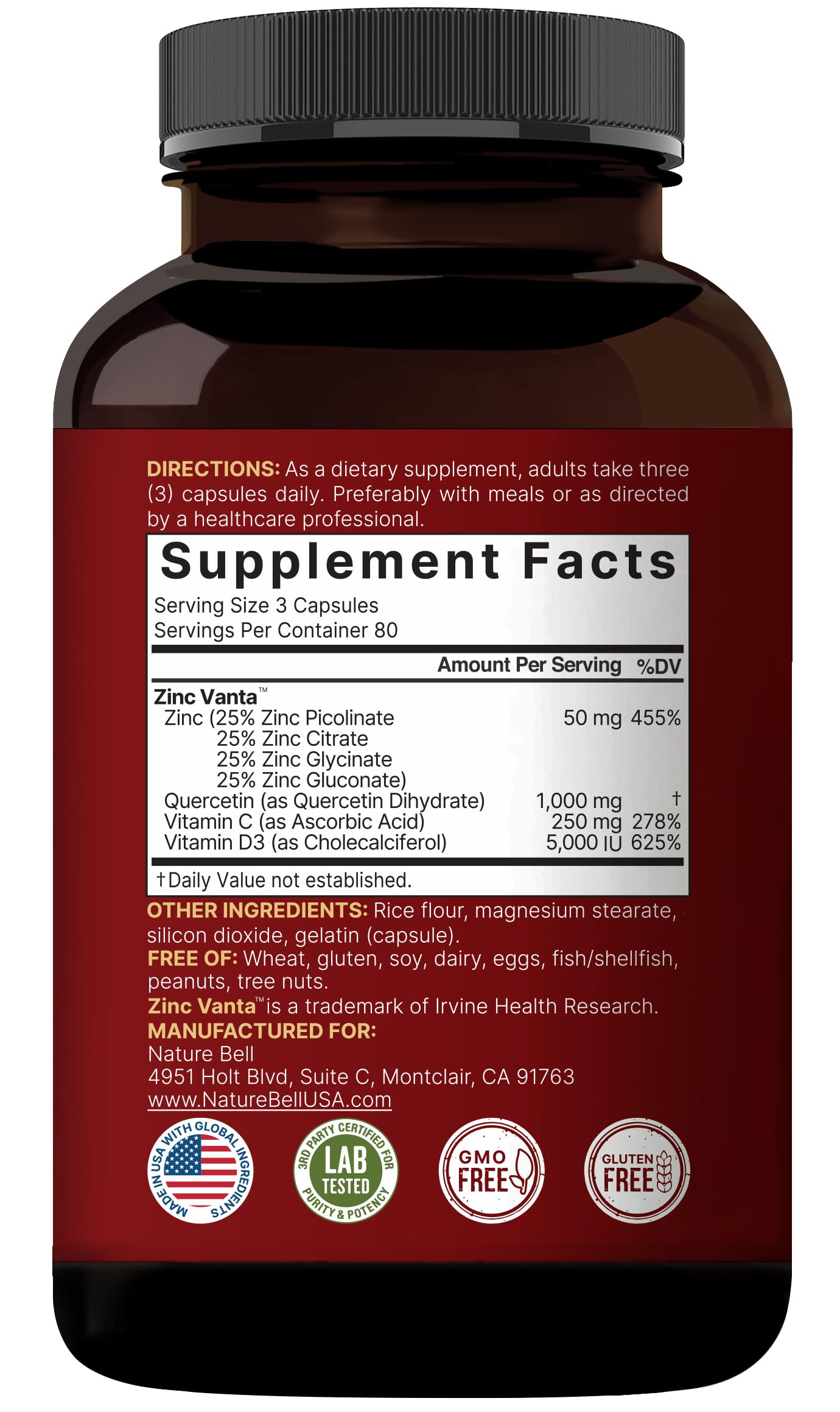 NatureBell Zinc Quercetin bottle in hand for convenient daily use on-the-go.