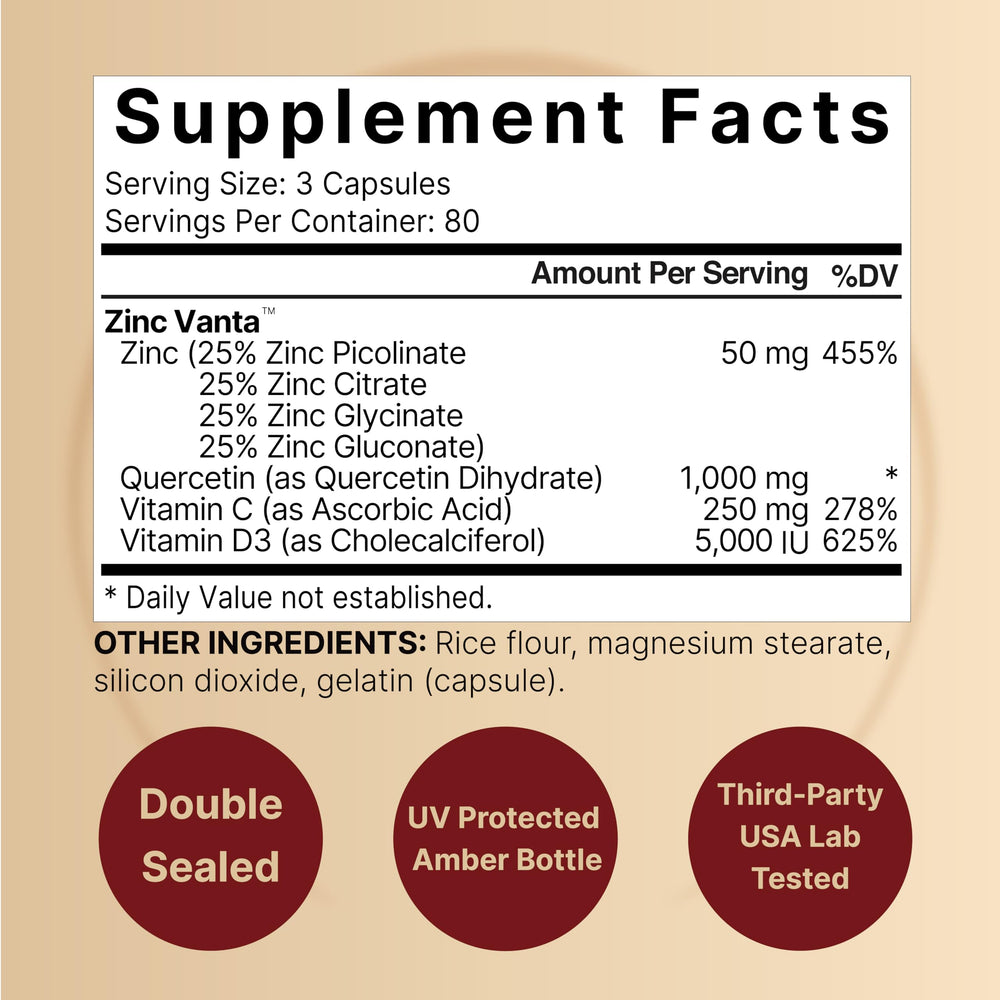 NatureBell Zinc Quercetin bottle label highlights ZincVanta 4-in-1 formula for wellness.