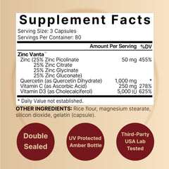 NatureBell Zinc Quercetin bottle label highlights ZincVanta 4-in-1 formula for wellness.