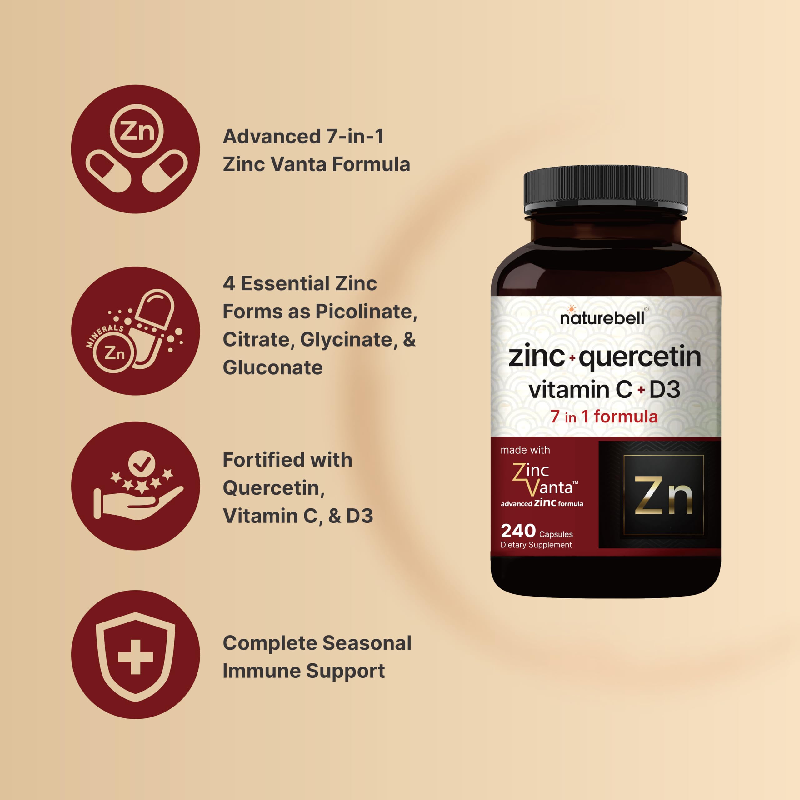 NatureBell Zinc Quercetin capsules close-up showing easy-to-take capsules.