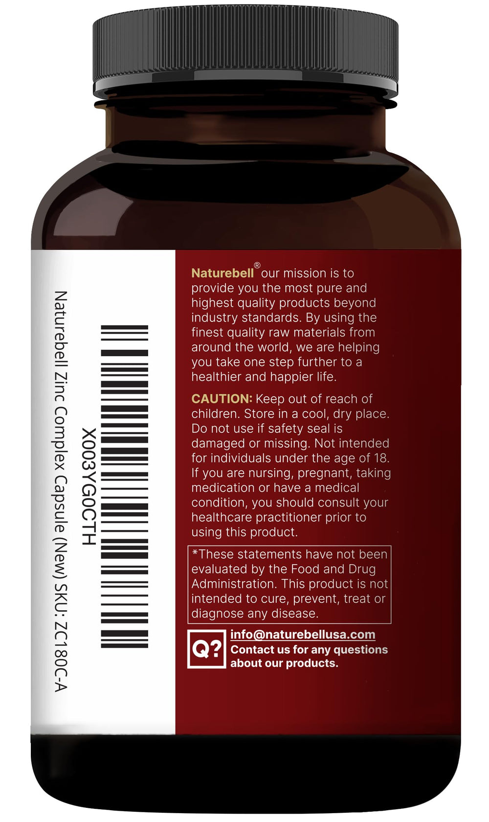 NatureBell Zinc Quercetin information card lists vitamins C and D3 and benefits.