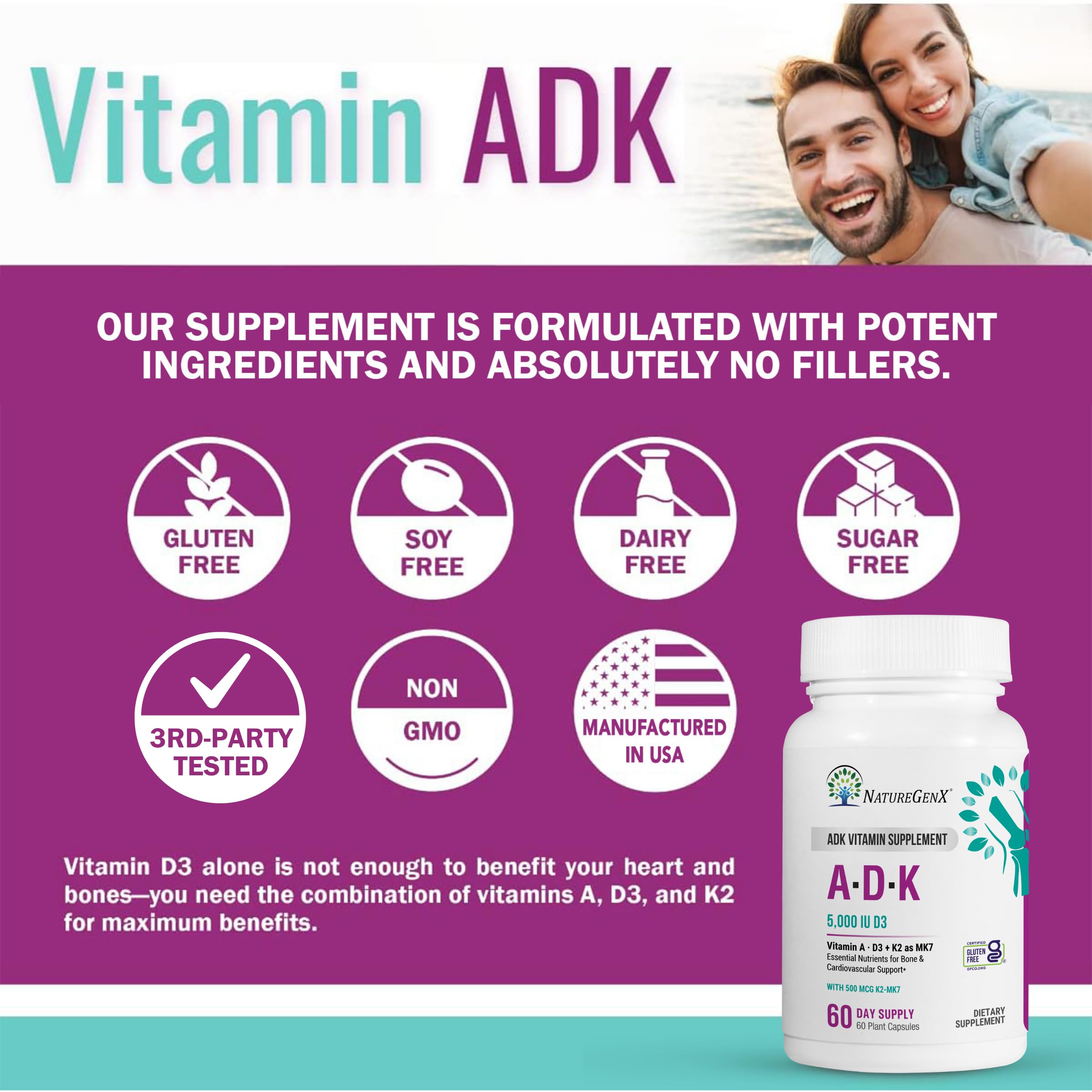NatureGenX ADK vitamin matrix diagram indicates A, D3, K2 blend.