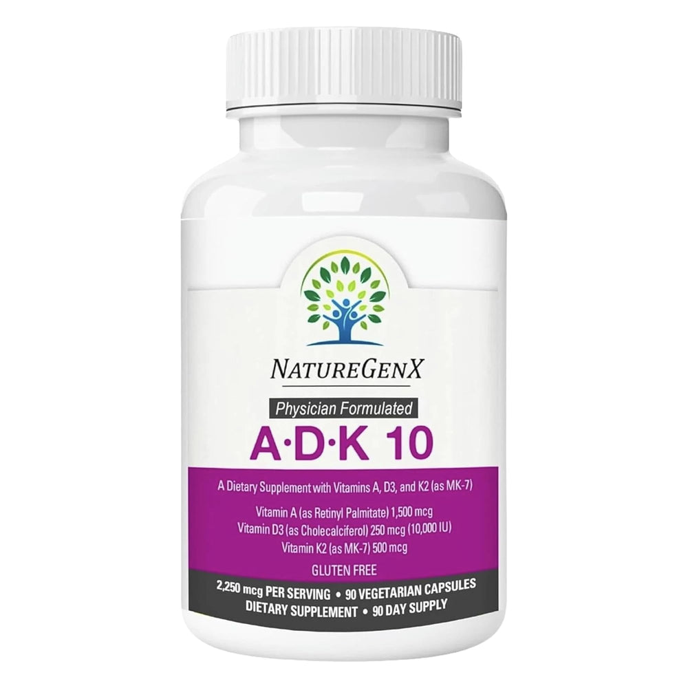 NatureGenX ADK10 bottle packaging highlighting the 3-in-1 bone, heart, and immune support.