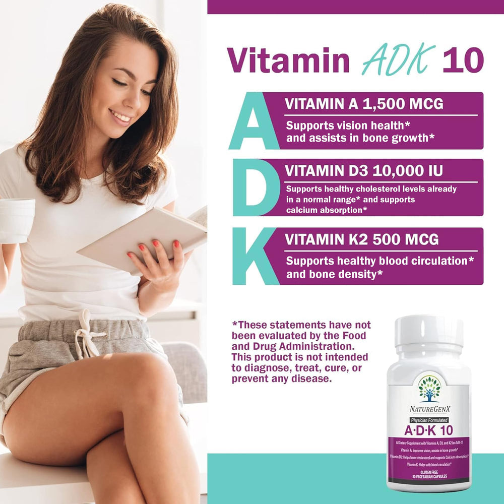 Front label on NatureGenX ADK10 emphasizes vitamin synergy for overall wellness.