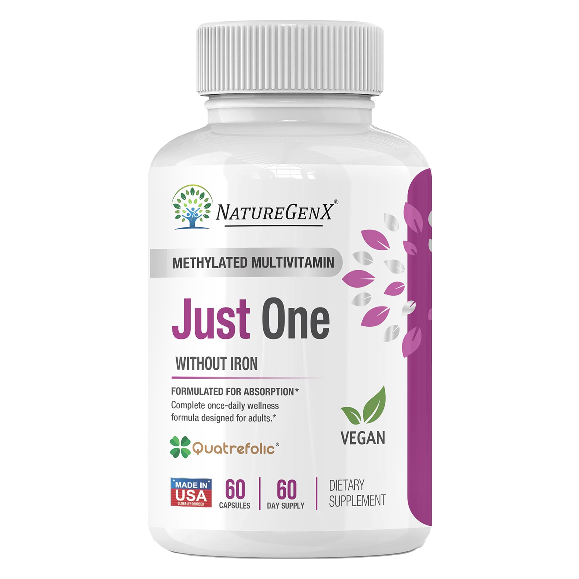 NatureGenX Just One Daily Methylated Multivitamin bottle shows vegan, gluten-free daily nutrition