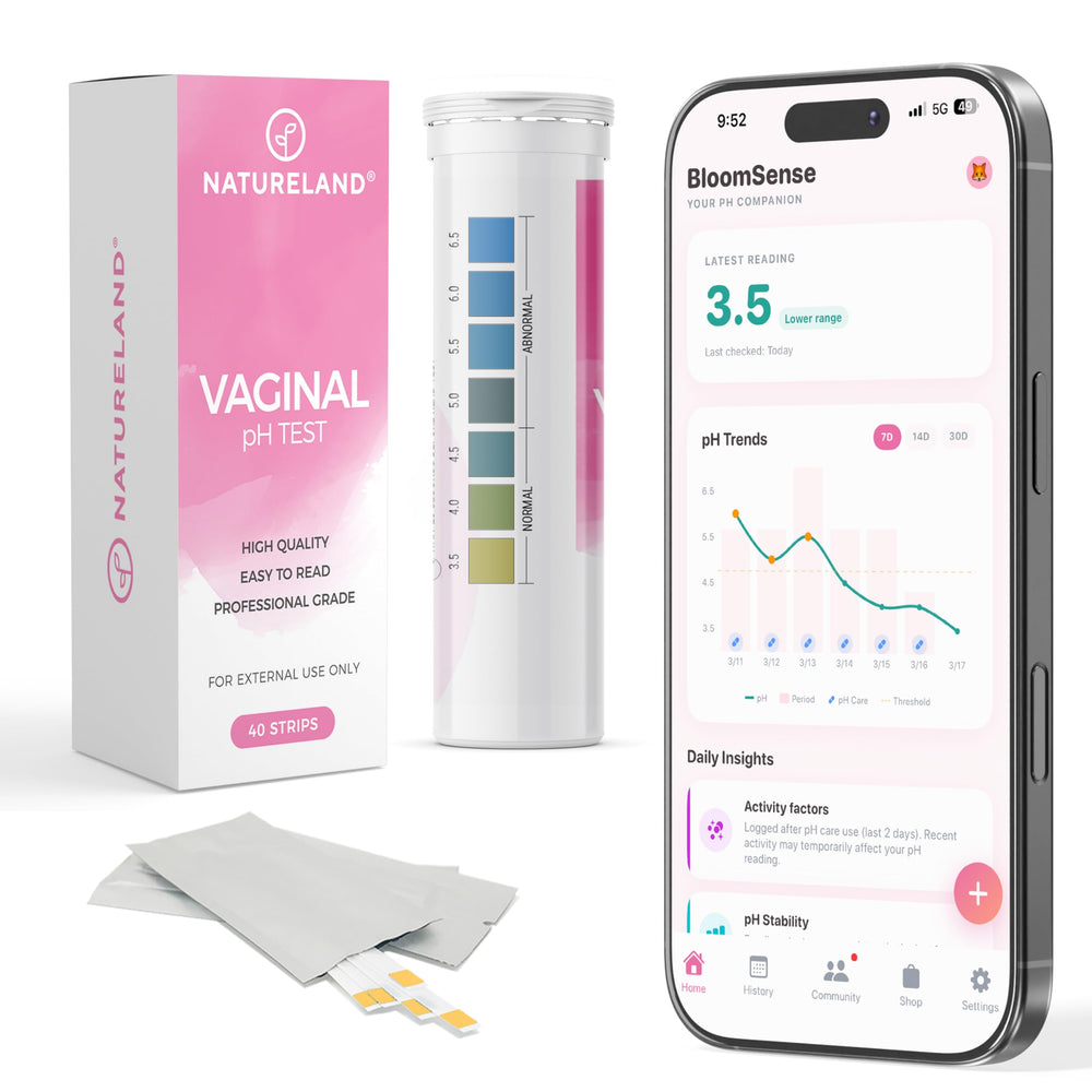 Natureland Vaginal pH test strips with BloomSense app dashboard showing trends.